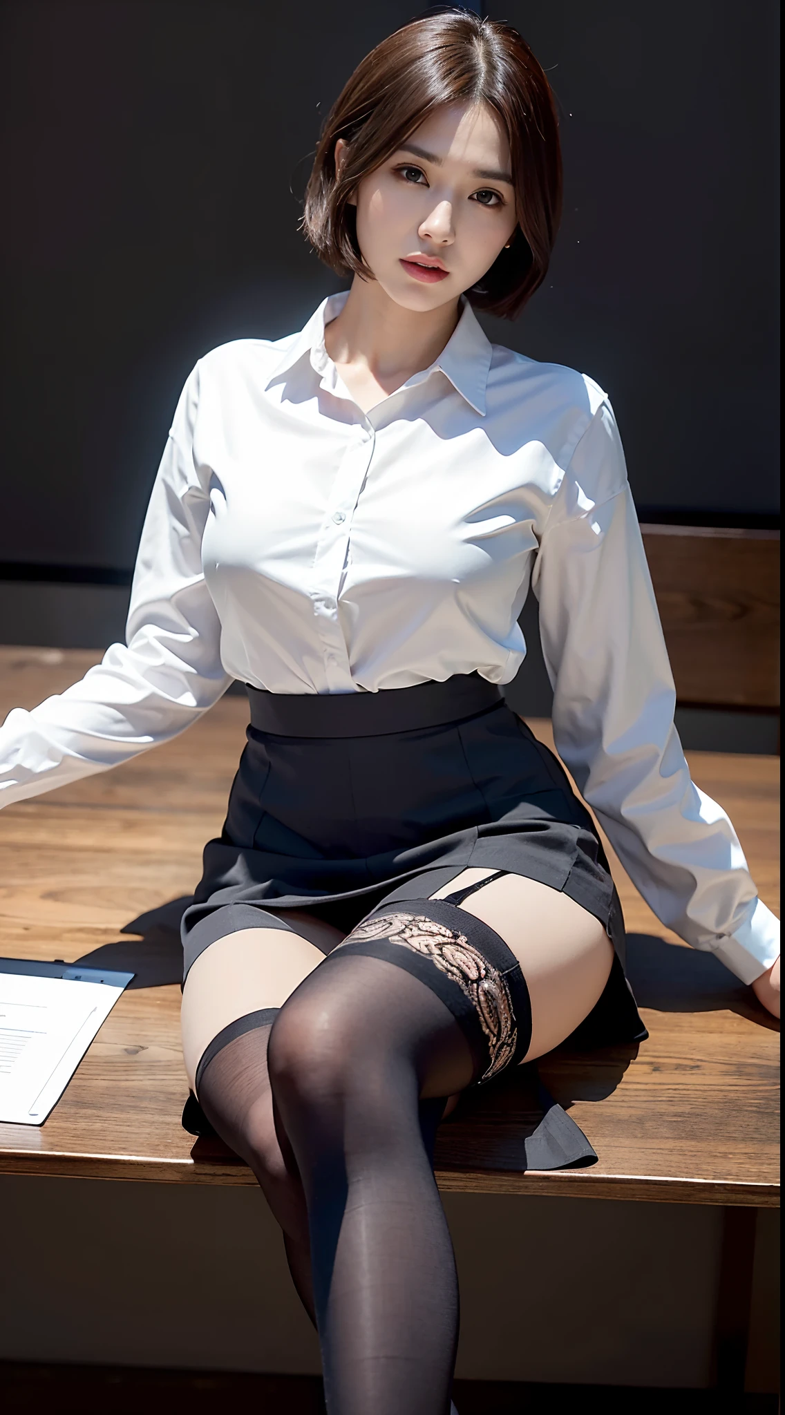 The face is :9,666349256], (Elite secretary of light underwear high society), sit on chair，working in an office、 (Wear pantyhose)、(Short Layer Hair)、Crossed legs, Wear high-end heels、 (thighhighs and skirt), Shirt secretary, merchant,  Wear a shirt and skirt, Business attire, business outfit, RAW photo, (8K、top-quality、tmasterpiece:1.2)、(intricately details:1.4)、(Photorealsitic:1.4)、octane renderings、Complex 3D Rendering Ultra Detail,  vibrant detail, super detailing, realistic skin textures, Detal Face, Beautiful detail eyes, Very detailed CG Unity 16k wallpaper, Make up - up, (detailedbackground:1.2), shiny skins、Bare with thighs!!!,