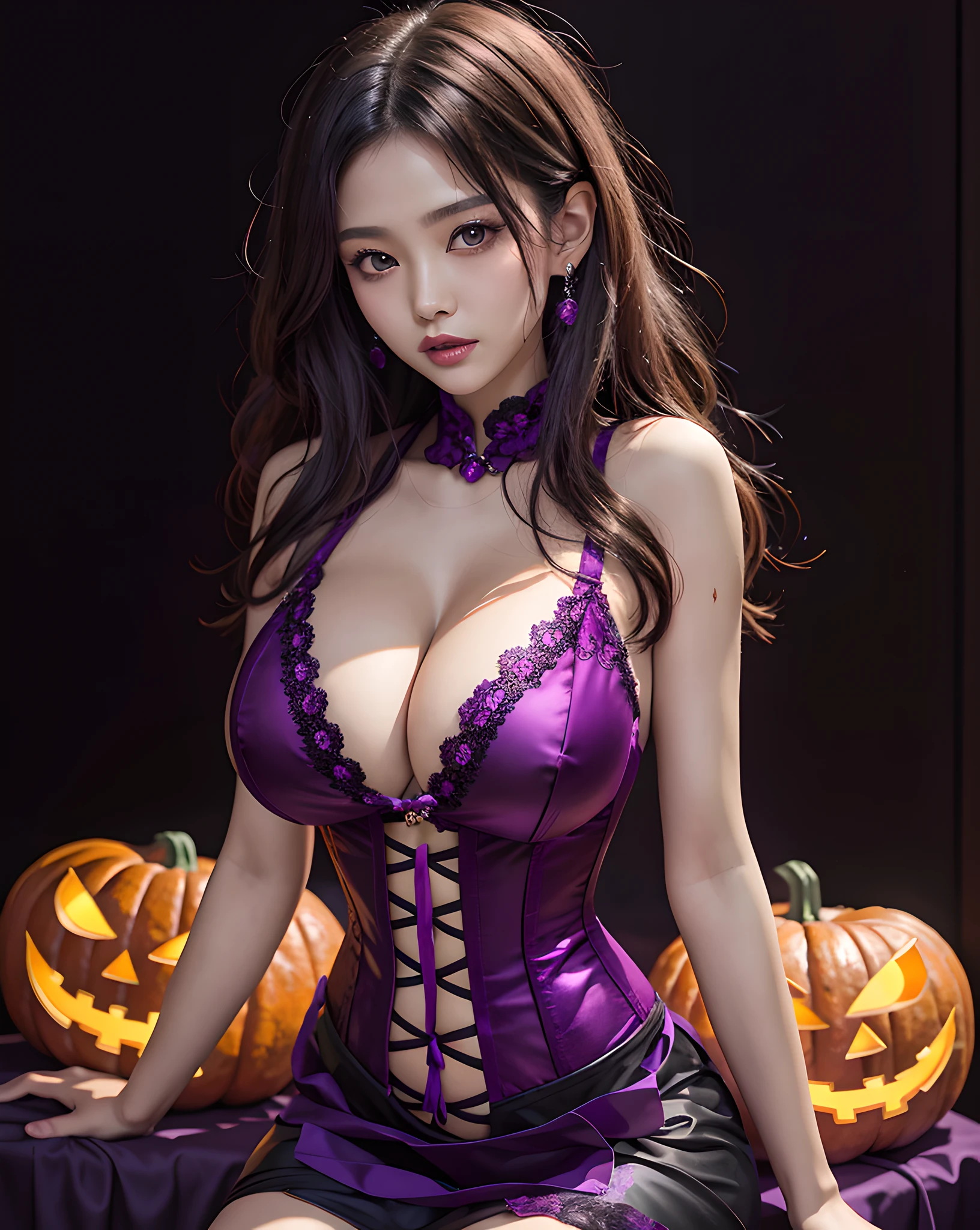 Woman in purple corset and black lingerie sitting on bed, gorgeous chinese model, in a halloween style, Halloween, halloween night, beautiful sorceress, Lovely dark autumn princess, halloween art style, pretty sorceress, trick or treat, halloween celebration, beautiful sorceress, alluring and terrifying, goddess of Japan, by Yang J
