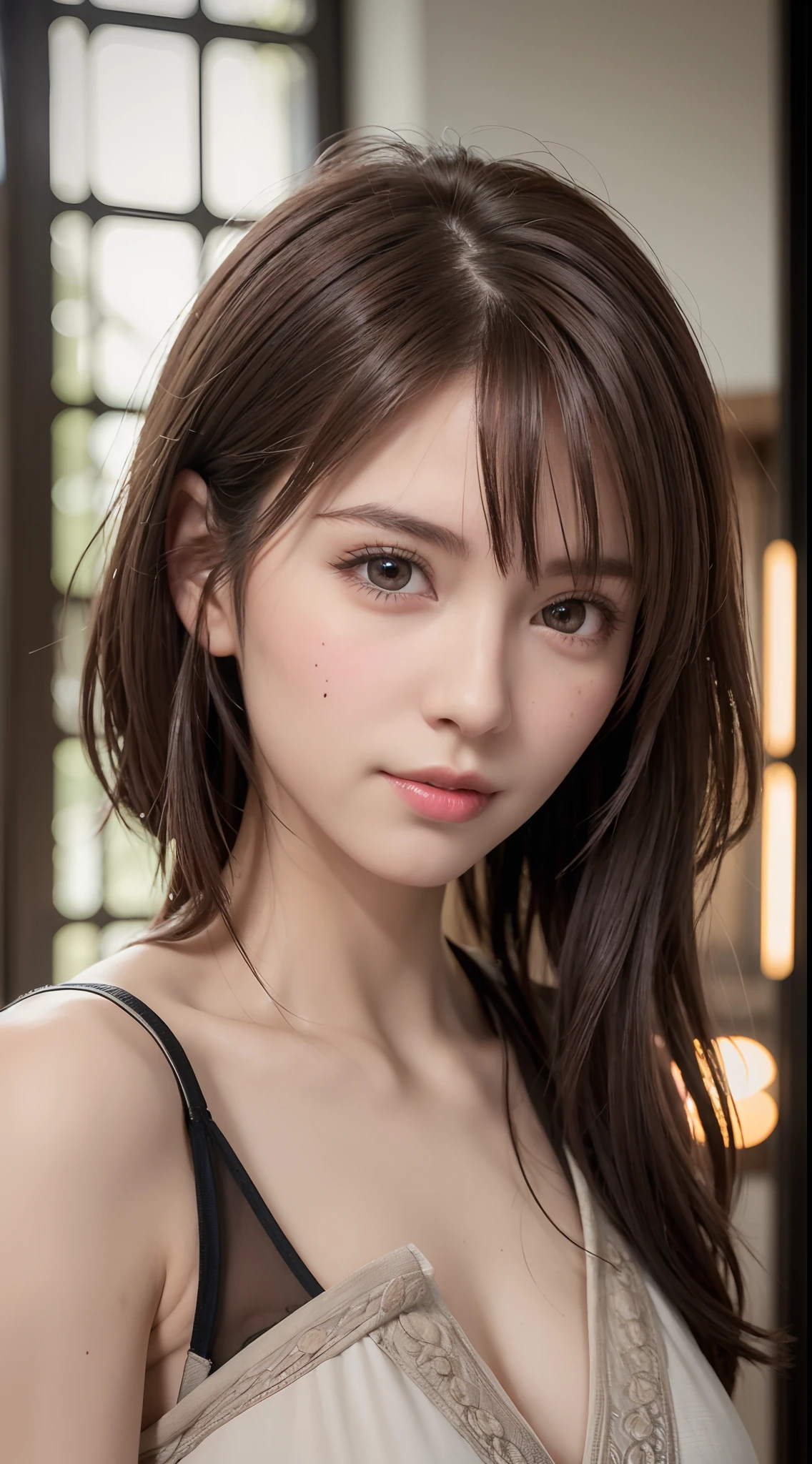Night, RAW Photography, (((Very Beautiful Portrait))), (Very Beautiful Portrait))), 1 Girl, Sexy 25 Year Old Girl, ((Natural Brown Hair with Short Cuts)), [Brown Eyes],Gentle Smile Staring at the Camera(cleavage), ((Masterpiece, Best Quality, Ultra Detail, Cinematic Lights, Intricate Detail, High Definition, 8k, Very Detailed)), Detail Background, 8k UHD, DSLR, soft lighting, high quality, film grain, fujifilm XT3, shallow depth of field, natural light, perfect face