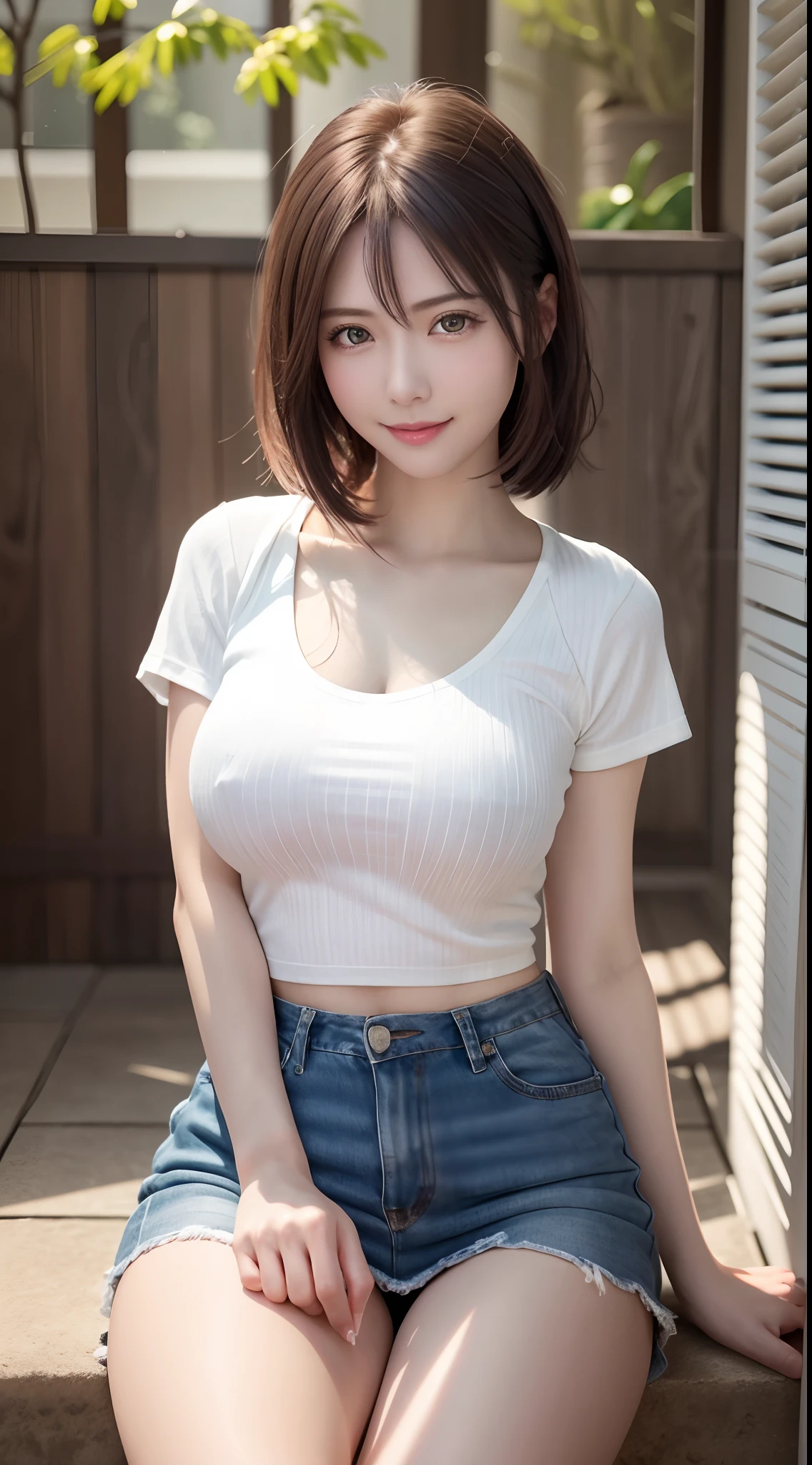 of the highest quality, 超A high resolution, (Photorealistic: 1.4), Beautiful eyes,short detailed hair,White T-shirt,Beautiful breasts, Lovers, lover's eyes, Sexy smile, Perfect style, Perfect balance, Detailed skin,