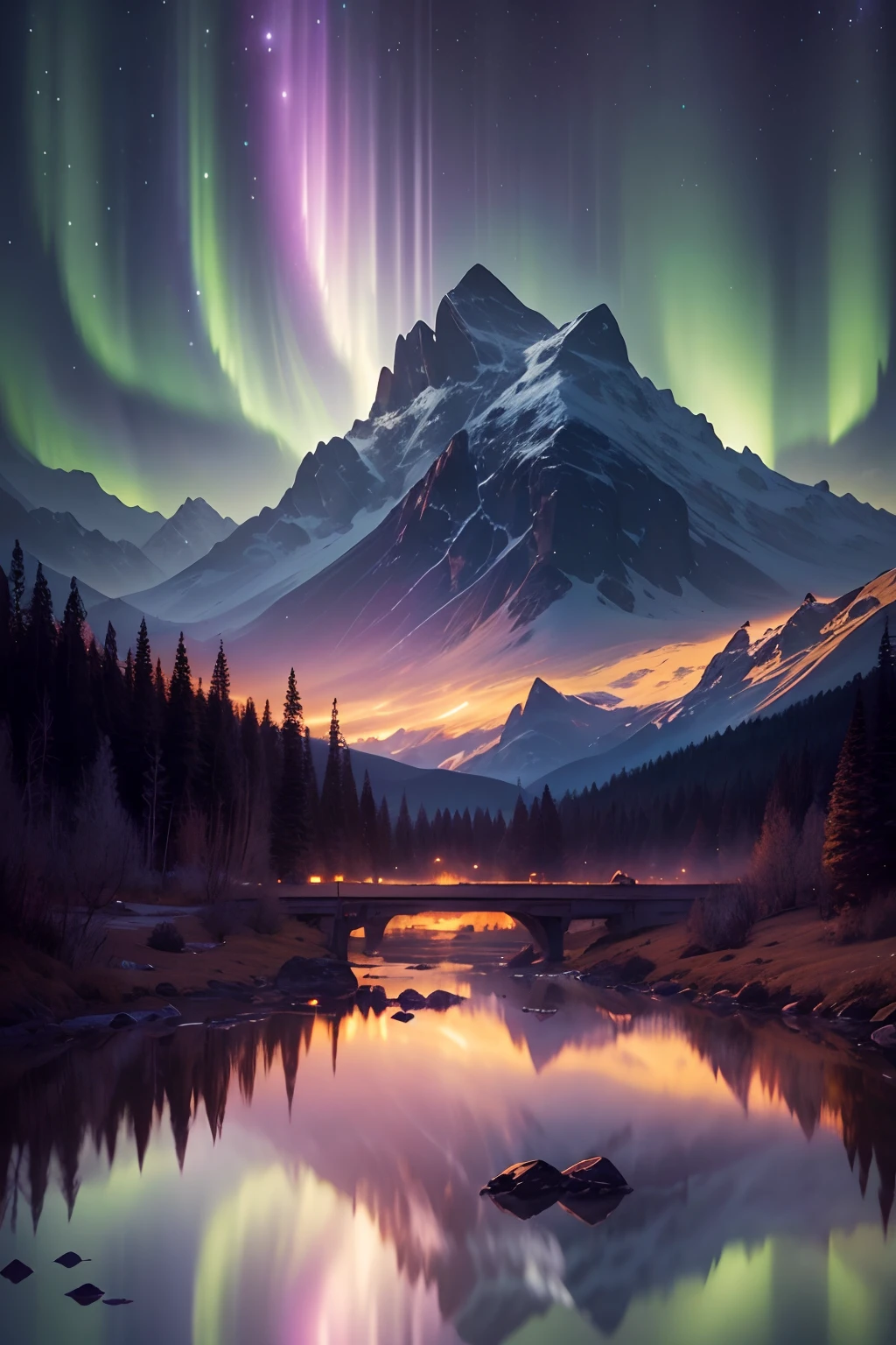 (best quality,4k,8k,highres,masterpiece:1.2),ultra-detailed,(realistic,photorealistic,photo-realistic:1.37),nighttime,aurora borealis,mountains,colorful skies,quietness,magical atmosphere,majestic peaks,mysterious forests,twinkling stars,serene reflections,tranquil lakes,sublime beauty,harmonious nature,luminous scene,frosted landscapes,shimmering lights,dark silhouettes,enchanted environment,pure tranquility,ethereal glow,sublime colors,dim light,dreamy ambiance,peaceful setting,glimmering universe,mesmerizing panorama,otherworldly view,evocative night',"classic painting"