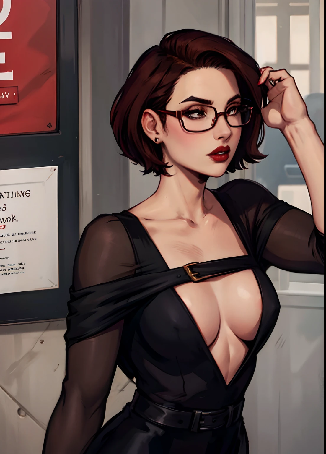 A beautiful woman, short brown hair, dark red lips, black dress, square glasses, medium breasts, ager