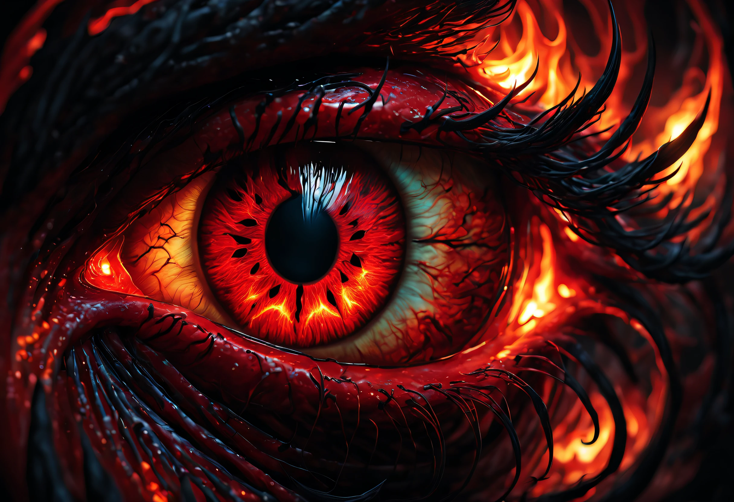 (best quality,highres,realistic:1.37),(stunning,closeup,devil's eye),photorealistic,ultra-detailed,red,twisted,horrifying,glowing,fiery light,shadowy details,sinister,lurking presence,striking,vibrant colors,vivid texture,haunting,macabre,mysterious beauty