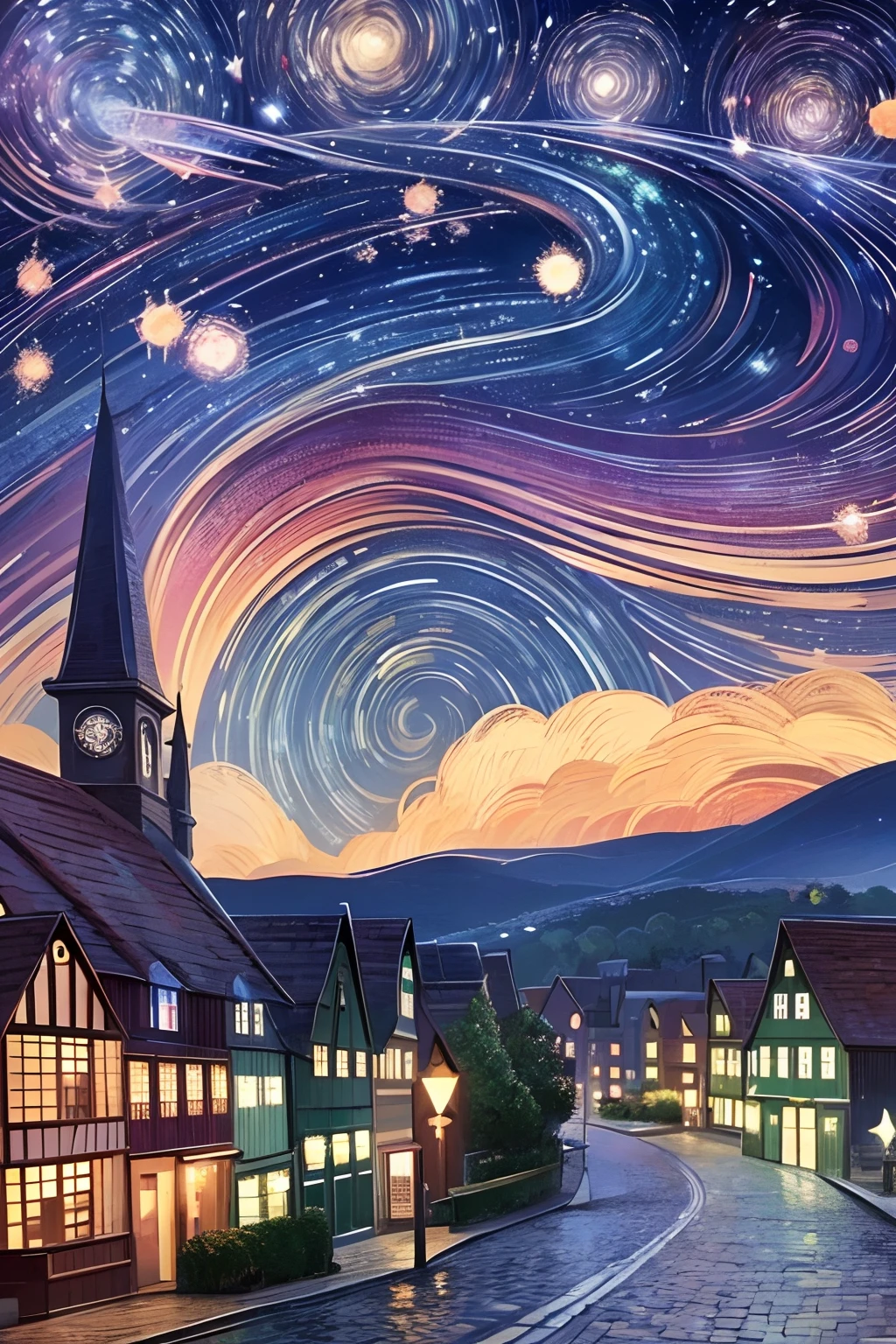 Starry night scene with a romantic British town,Van Gogh style,van gogh art style,Van Gogh style,Vincent Van Gogh style,Highly detailed digital art in 4K,Van Gogh style,star night, Van Gogh style Starry Night,Inspired by Van Gogh,star night,In the starry night red purple red,blue colors,Orange gradient,nigh sky