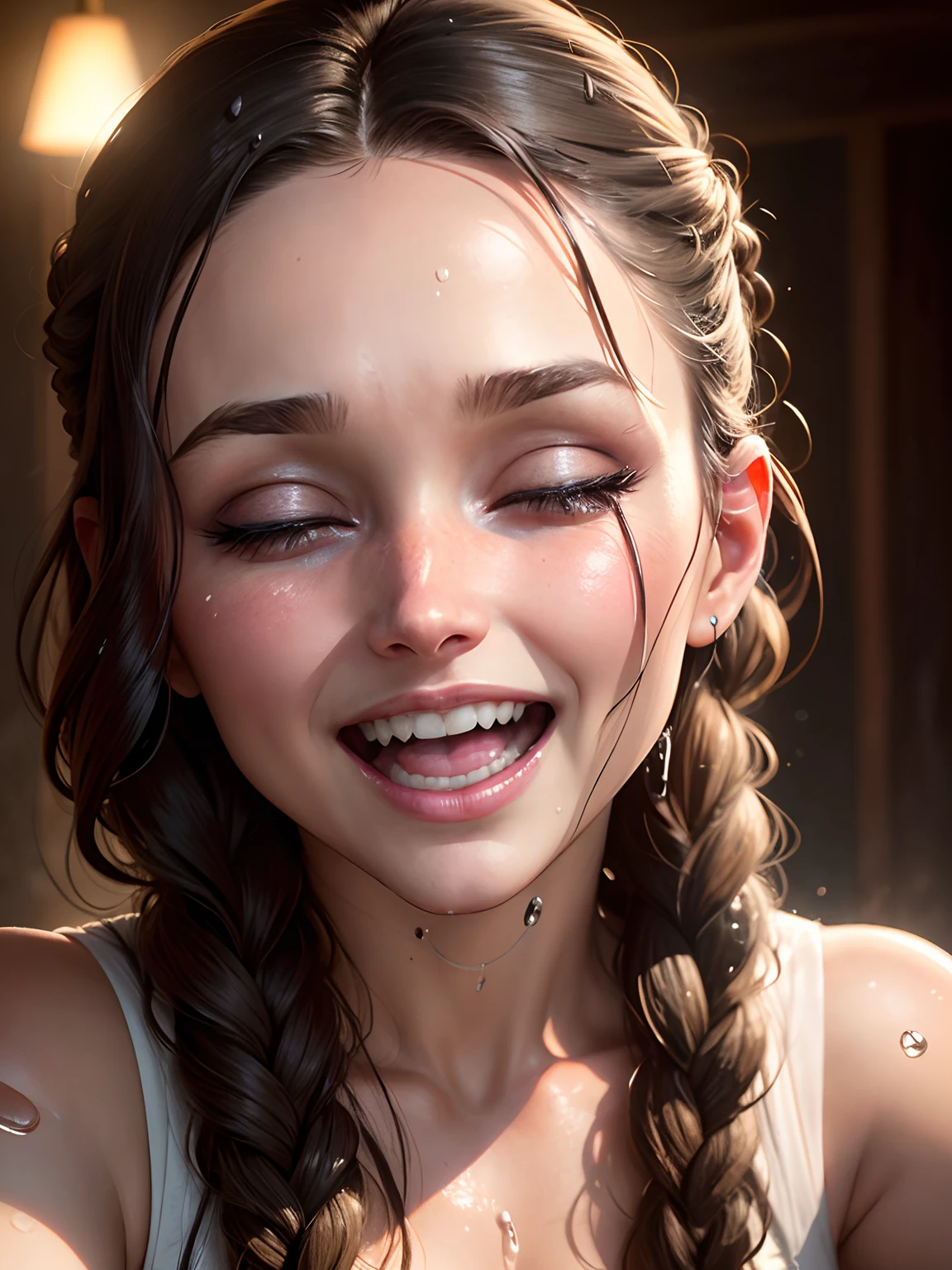 Dramatic lighting, deep shadows, extreme close up view, head only, Ana De Armas, braided hair, wet skin, dewy skin, dribbles of white slime on face, dribbles of white slime in hair, eyes tightly closed, smiling, laughing mouth wide open, gasping, shouting, crying out, orgasm face