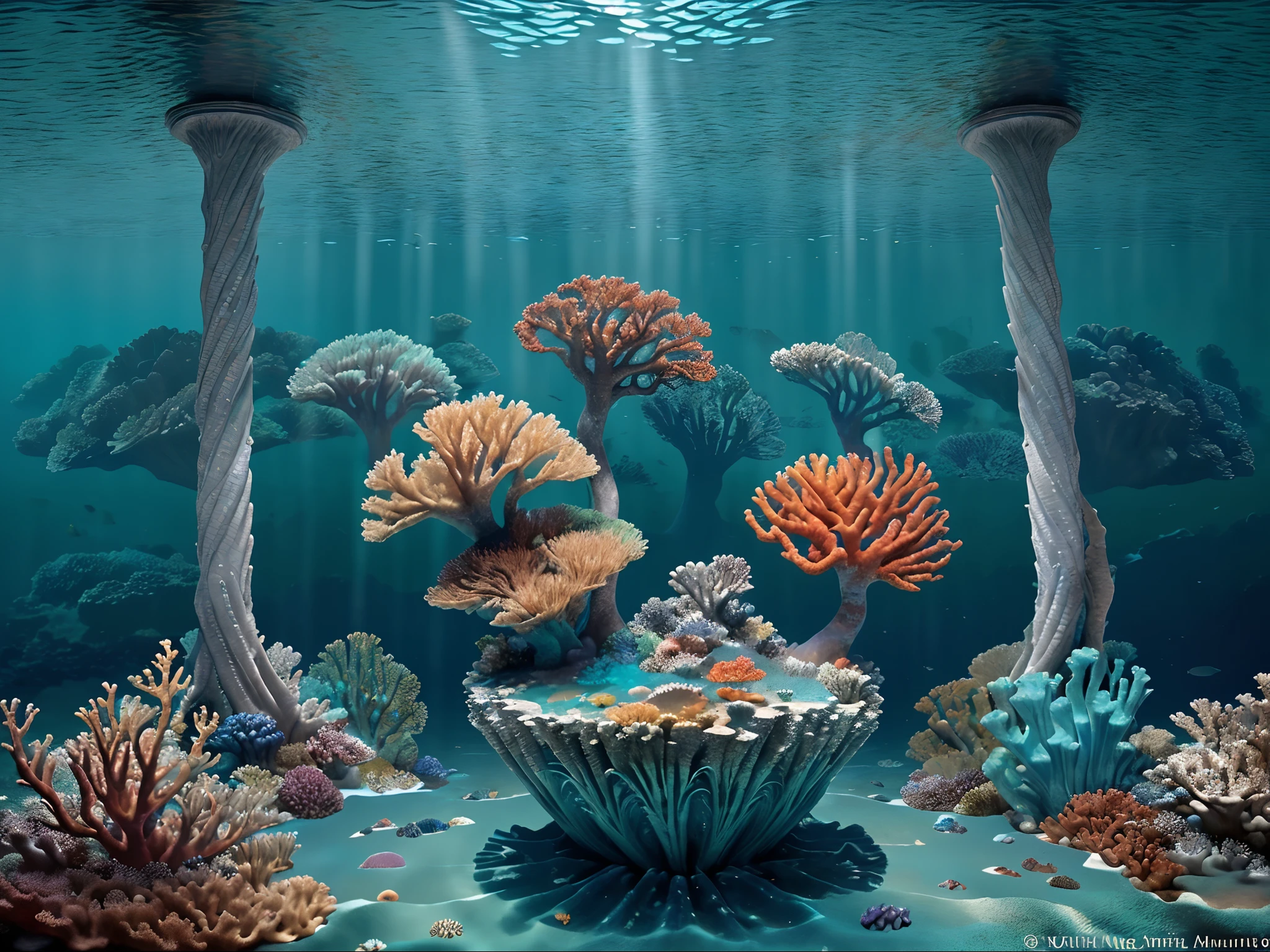 In the depths of an ocean, a mesmerizing tableau unfolds. Vibrant corals sway gently as schools of shimmering fish dart through crystal-clear waters. An intricate and detailed painting captures this underwater scene, showcasing the harmony of nature's beauty. The artist's meticulous brushstrokes bring to life the rich hues of the coral reef, ranging from vibrant reds and oranges to soothing blues and greens. Each fish is expertly rendered, their scales glimmering in the sunlight that filters through the water's surface. This captivating image invites viewers to immerse themselves in the breathtaking world beneath the waves.
