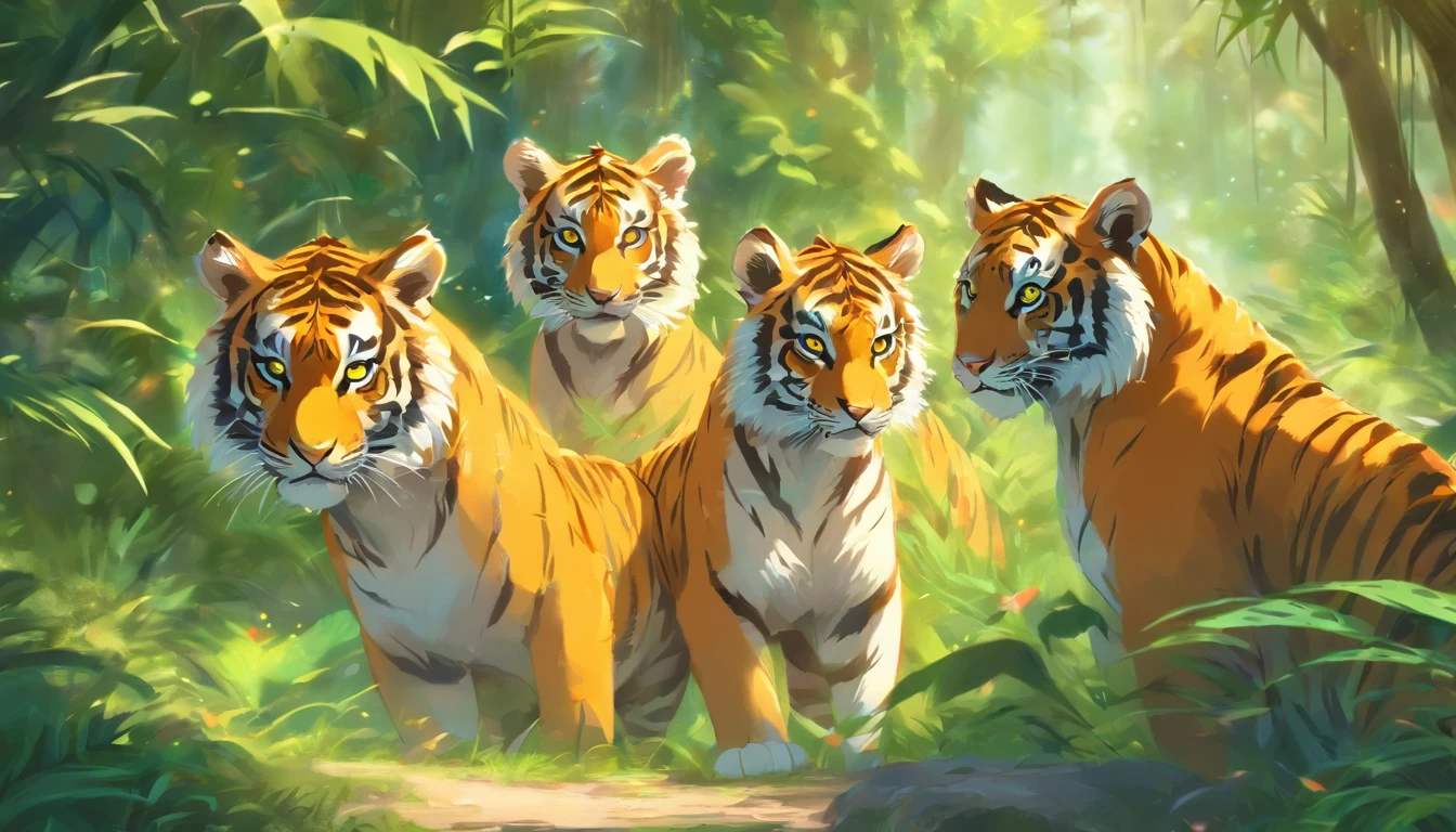 (a family of tigers),oil painting,sharp focus,extremely detailed tigers,vibrant colors,wildlife,graceful movement,tiger cubs playing in a tropical forest,majestic adult tiger overlooking the cubs,striking golden fur,ferocious eyes,strong and muscular bodies,dappled sunlight through the trees,lush green foliage,stealthy presence,striking contrast between shadows and highlights,single-hair brush strokes,impressive wild nature,awe-inspiring beauty,endangered species,serene atmosphere