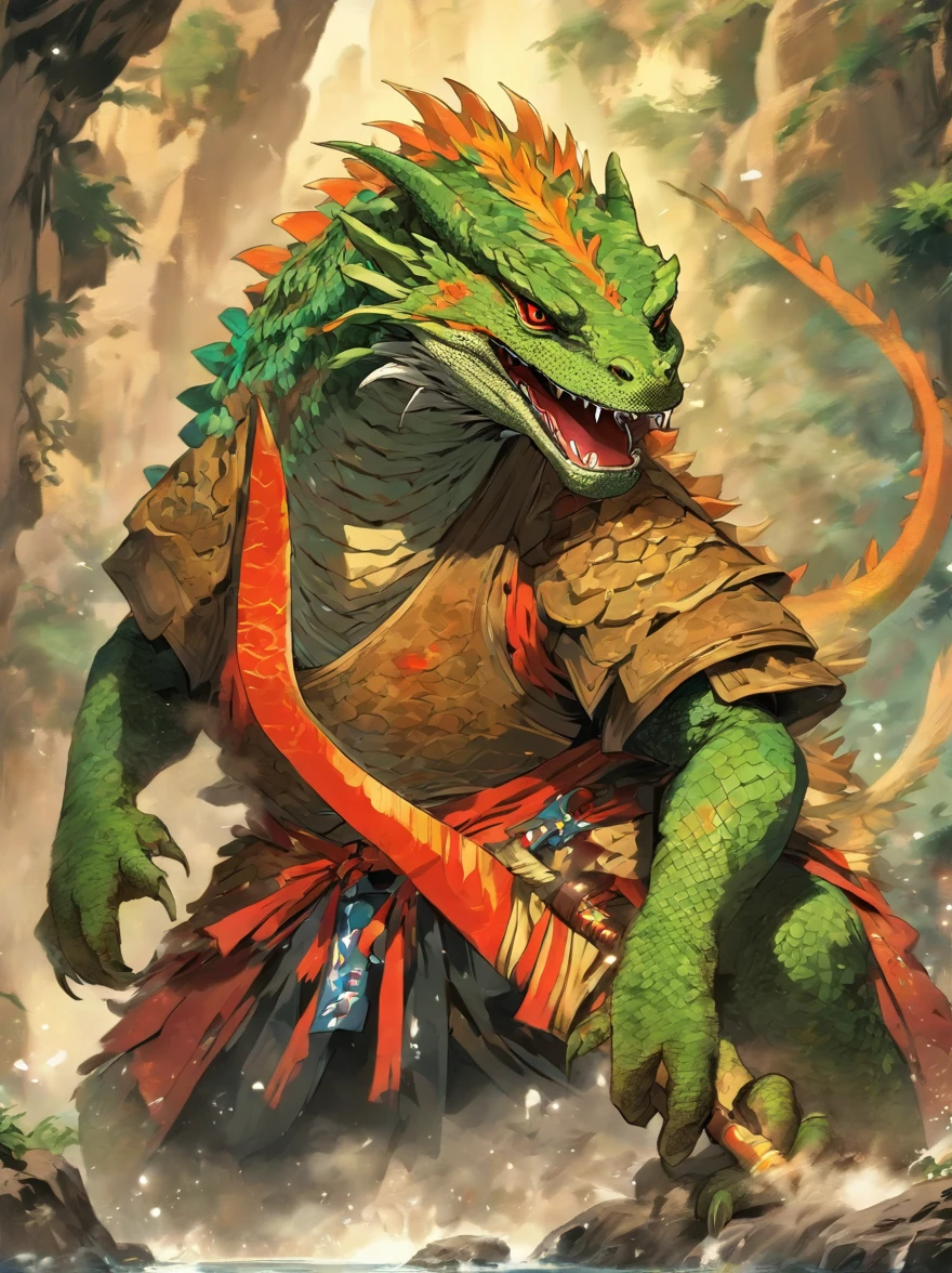 Lizard monsters,Anthropomorphic lizards,traditional japanese concept art,Chinese mythology,Chinese armor,lizard tail,holds a spear,in cave,