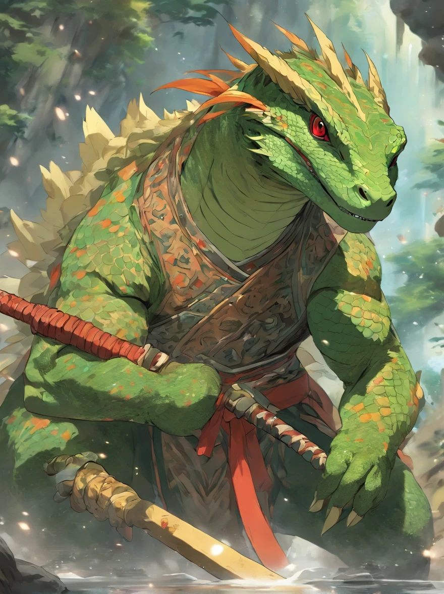 Lizard monsters,Anthropomorphic lizards,traditional japanese concept art,Chinese mythology,Chinese armor,lizard tail,holds a spear,in cave,