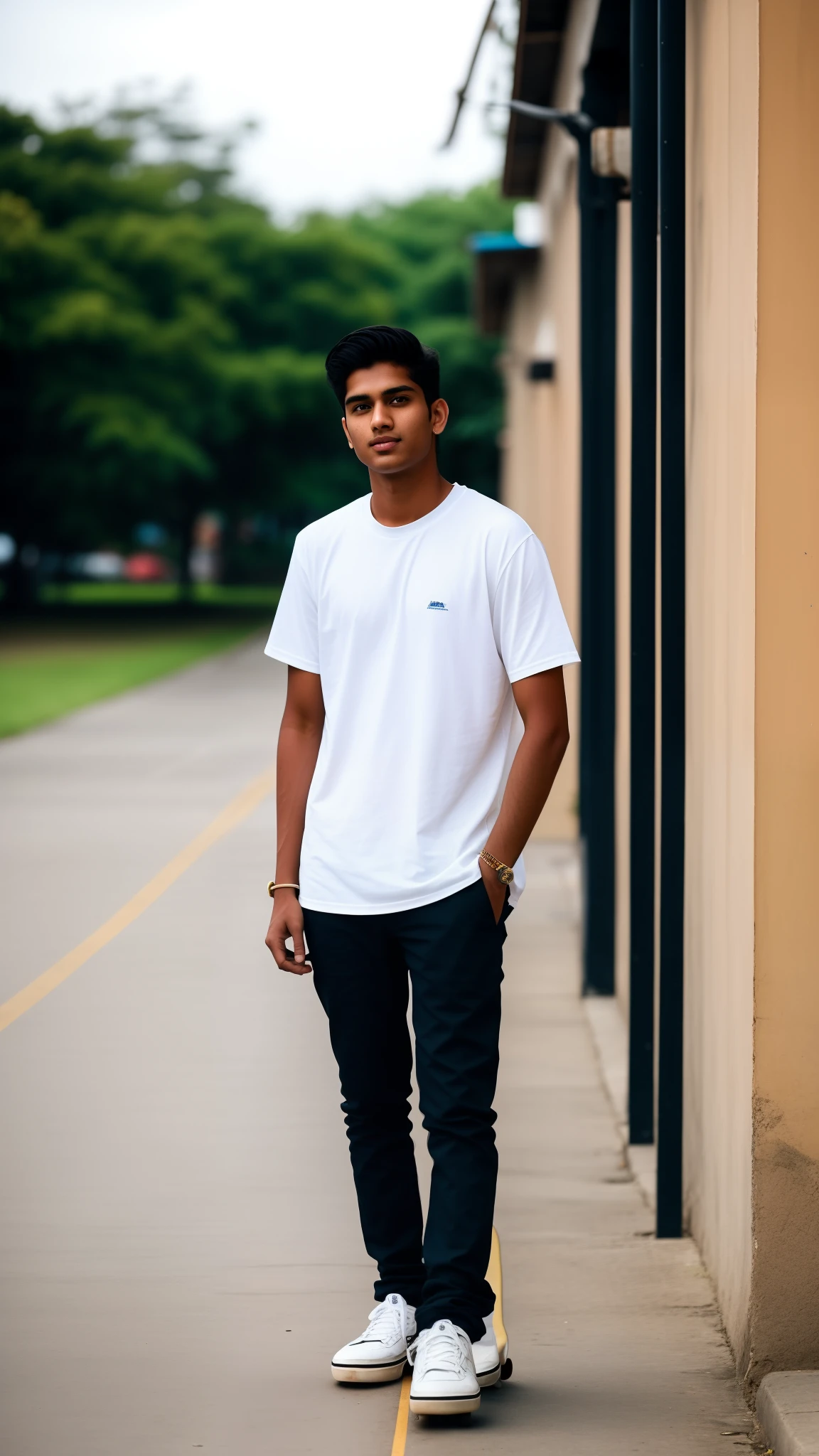 there is a man standing on a sidewalk with a skateboard, around 1 9 years old, very very low quality picture, jayison devadas, young commoner, he is about 20 years old, he is about 2 0 years old, taken with the best dlsr camera, very clear picture, photo taken in 2 0 2 0, profile pic