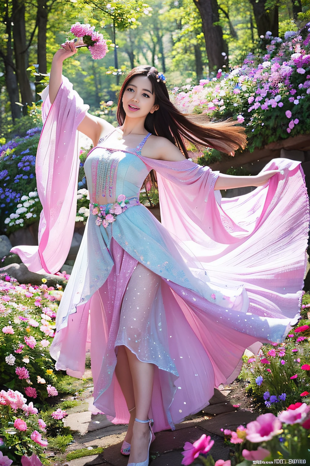 (masterpiece、top-quality)、high resolution details、foco nítido、(Photoreal Stick:1.2)、1girl、FULL BODYSHOT、The liveliness of the girl and the beauty of the flowers are seamlessly blended、As she dances through a kaleidoscope of vibrancy of flowers and curvaceous beauty、Flowers react、Reflect her movements in a captivating fractal design、