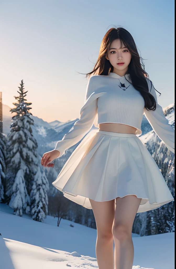 photorealestic,a asian beauty,Beautuful Women,photography of,best qualtiy,tmasterpiece,超高分辨率,(真实感:1.4),RAW photogr,long whitr hair,fully body photo,stocklings,half skirt,Bare-legged artifact,alps,snow mountains,chilly,Pine forest,standing on your feet,liberta,Dashing,long leges,Shunguang,Goose egg face,largeeyes,long eyelasher,Exquisite(live-action realistic style),Star-like eyes,Ultimate face,Photorealistic light and shadow,Clear facial features,Milky white skin,Fair skin, Realistic skin details, Visible Pore,(Super detail),((Dynamic background((volumettic light:1.3)),