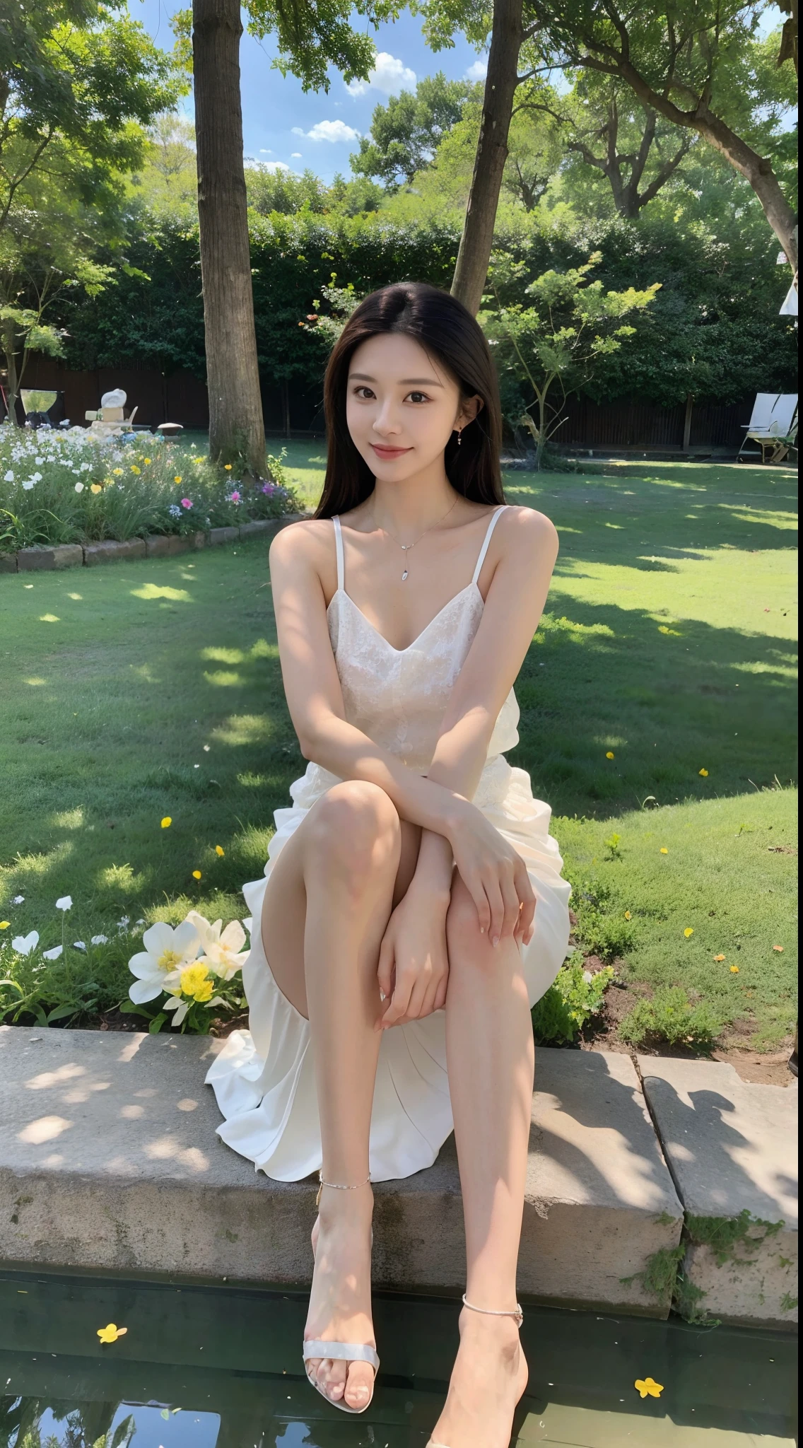 ,Masterpiece, Best quality,8K, 超高分辨率,Reallightandshadow,Cinema lenses,(beautidful eyes:1.1), ((中景 the scene is,The upper part of the body)),dynamicposes,On a green meadow,The gentle goddess came with gentle steps。She wore a white dress,A gentle breeze blows,The skirt dances lightly。The sun shone through the leaves in her hair,Reflecting her clear eyes and gentle smile。Colorful butterflies flutter around her,Flowers bloomed at her feet,It was as if nature was cheering for her。