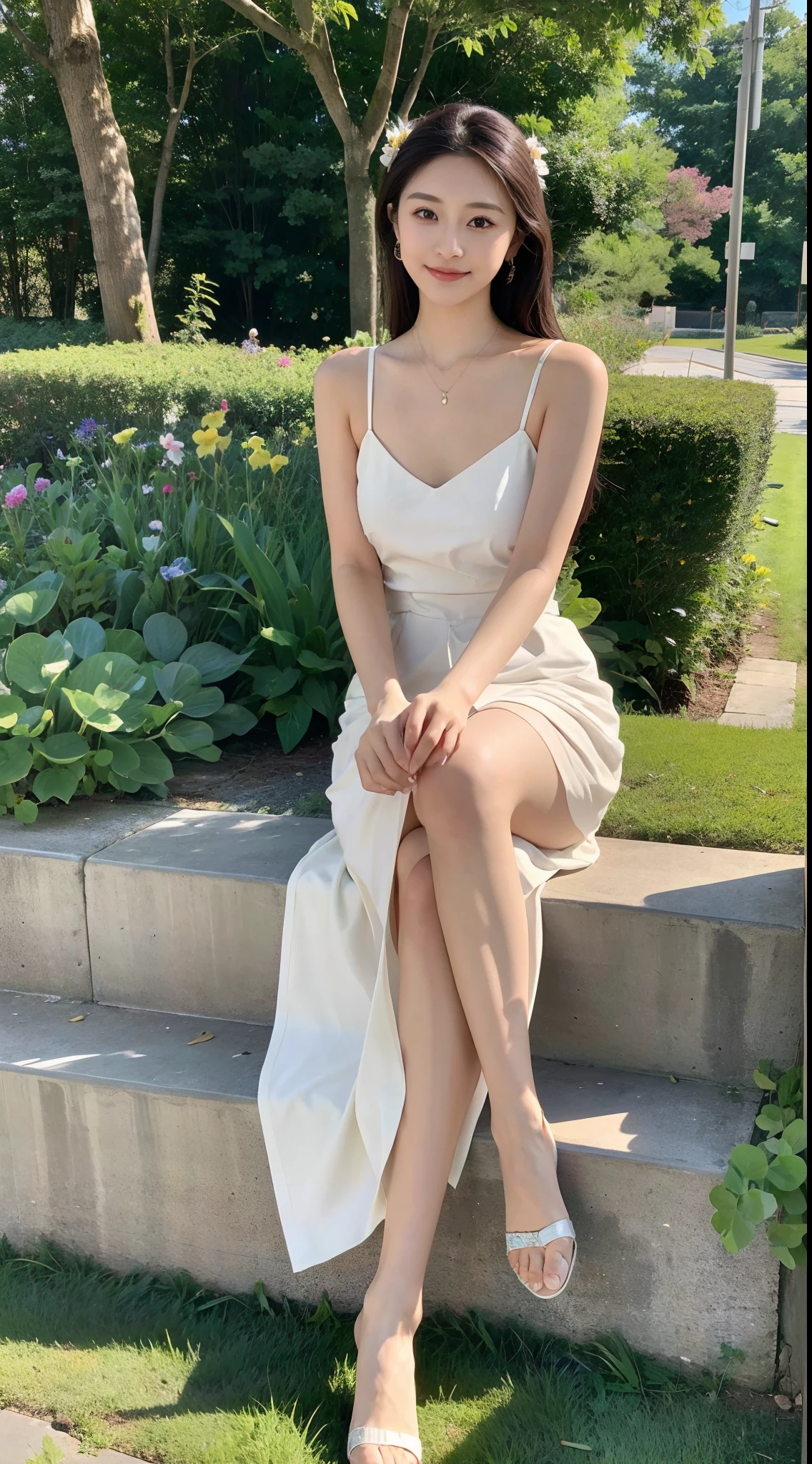 ,Masterpiece, Best quality,8K, 超高分辨率,Reallightandshadow,Cinema lenses,(beautidful eyes:1.1), ((中景 the scene is,The upper part of the body)),dynamicposes,On a green meadow,The gentle goddess came with gentle steps。She wore a white dress,A gentle breeze blows,The skirt dances lightly。The sun shone through the leaves in her hair,Reflecting her clear eyes and gentle smile。Colorful butterflies flutter around her,Flowers bloomed at her feet,It was as if nature was cheering for her。
