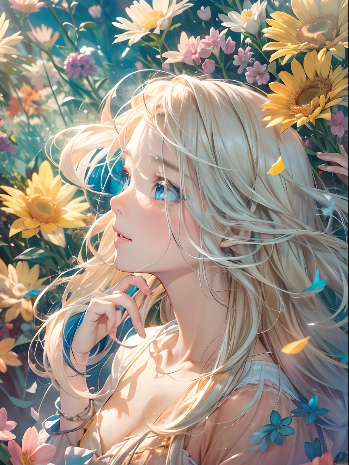 exquisitedetails, Highest quality 8K resolution, Ultra-detailed, Realistic, Vibrant colors, Soft tones, With warm and gentle lighting,(Smooth straight blonde hair:1.2),(Hair parted in the middle:1.2),(Glowing hair),(Deep Blue Eyes:1.3),Garden Girl,Smiling with tears in her eyes,With an overflowing soft and gentle feeling, Multiple Corner Turns,Visible emotions and specific emotions, I want to believe, Use illustrations,Long-haired beautiful girl fluttering in the wind,The promenade is full of flowers, Create colorful reflections.The sun's rays illuminate joy and pure love, Cast a warm golden glow on the girl's face. Their love is like a blessing from God, Free yourself from the hassles of this world. The atmosphere is full of happiness and laughter, It's like heaven、As if in praise of love. The artwork is、Create a combination of digital illustrations and photos, Sticking to ultra-detailed depictions and vivid colors. In a style that blends romanticism and realism、You can feel the depth of love. The color palette consists of soft pastel tones, Create an ethereal atmosphere like a dream. and the lighting is soft and diffused, Cast a gentle light on the face,、The warmth of the hug increases. The artwork is a masterpiece, Meticulously crafted to capture the essence of an unbreakable bond.