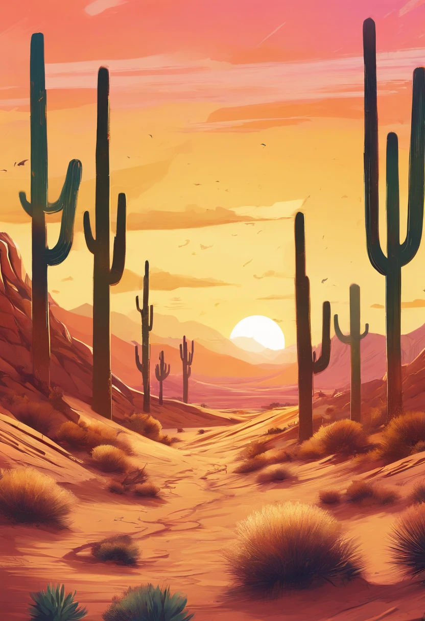 Depth of field in the distance, evening light, Sunset, Desert, mexico, US West, Yellow sand in the sky，The background is a vast desert，game scenes, landscape artwork, environment design illustration, scenery art detailed, Desert oasis landscape, concept-art, 4k highly detailed digital art, 4 k digital painting, 4k digital painting, stunning digital illustration, Desert background, digital painting concept art, Detailed digital painting