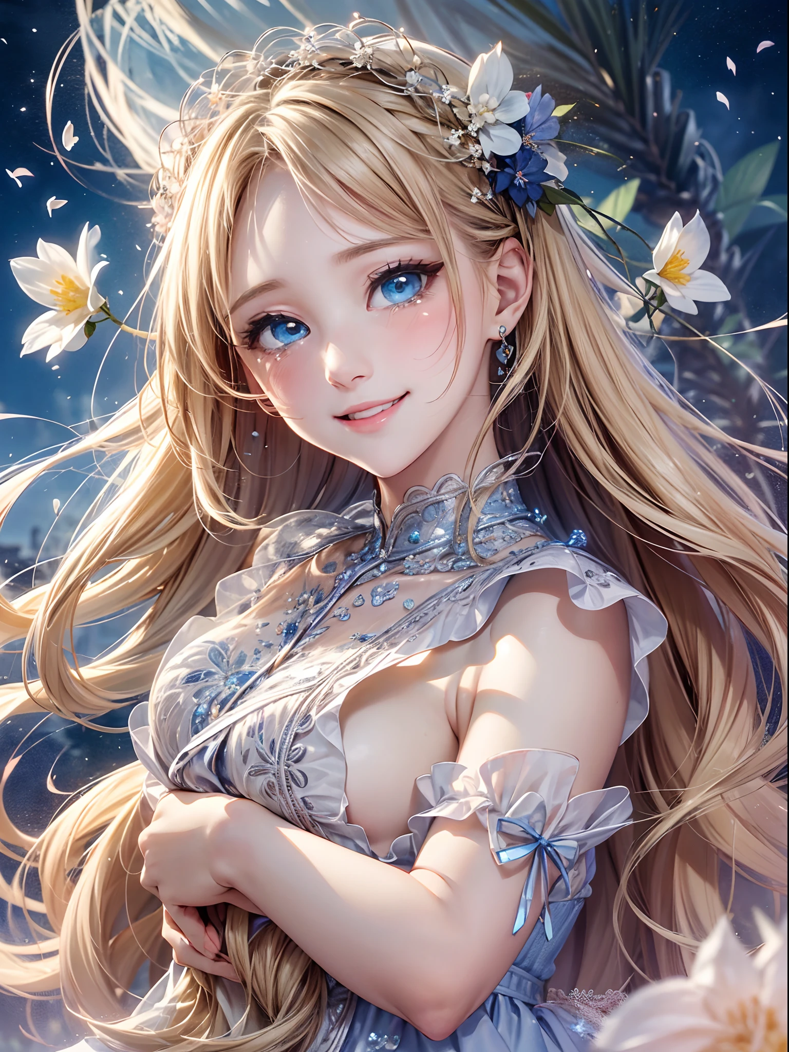exquisitedetails, Highest quality 8K resolution, Ultra-detailed, Realistic, Vibrant colors, Soft tones, With warm and gentle lighting,(Smooth straight blonde hair:1.2),(Hair parted in the middle:1.2),(Glowing hair),(Deep Blue Eyes:1.3),Garden Girl,(Smiling with tears in her eyes:1.4),With an overflowing soft and gentle feeling, Multiple Corner Turns,Visible emotions and specific emotions, I want to believe, Use illustrations,Long-haired beautiful girl fluttering in the wind,The promenade is full of flowers, Create colorful reflections.The sun's rays illuminate joy and pure love, Cast a warm golden glow on the girl's face. Their love is like a blessing from God, Free yourself from the hassles of this world. The atmosphere is full of happiness and laughter, It's like heaven、As if celebrating love. The artwork is、Create a combination of digital illustrations and photos, Sticking to ultra-detailed depictions and vivid colors. In a style that blends romanticism and realism、You can feel the depth of love. The color palette consists of soft pastel tones, Create an ethereal atmosphere like a dream. and the lighting is soft and diffused, Shine a gentle light on your face,、The warmth of the hug increases. The artwork is a masterpiece, Meticulously crafted to capture the essence of an unbreakable bond.