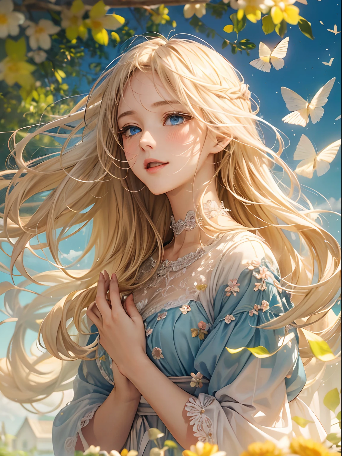 exquisitedetails, Highest quality 8K resolution, Ultra-detailed, Realistic, Vibrant colors, Soft tones, With warm and gentle lighting,(Smooth straight blonde hair:1.2),(Hair parted in the middle:1.2),(Glowing hair),(Deep Blue Eyes:1.3),Garden Girl,Smiling with tears in her eyes,With an overflowing soft and gentle feeling, Multiple Corner Turns,Visible emotions and specific emotions, I want to believe, Use illustrations,Long-haired beautiful girl fluttering in the wind,The promenade is full of flowers, Create colorful reflections.The sun's rays illuminate joy and pure love, Cast a warm golden glow on the girl's face. Their love is like a blessing from God, Free yourself from the hassles of this world. The atmosphere is full of happiness and laughter, It's like heaven、As if in praise of love. The artwork is、Create a combination of digital illustrations and photos, Sticking to ultra-detailed depictions and vivid colors. In a style that blends romanticism and realism、You can feel the depth of love. The color palette consists of soft pastel tones, Create an ethereal atmosphere like a dream. and the lighting is soft and diffused, Cast a gentle light on the face,、The warmth of the hug increases. The artwork is a masterpiece, Meticulously crafted to capture the essence of an unbreakable bond.