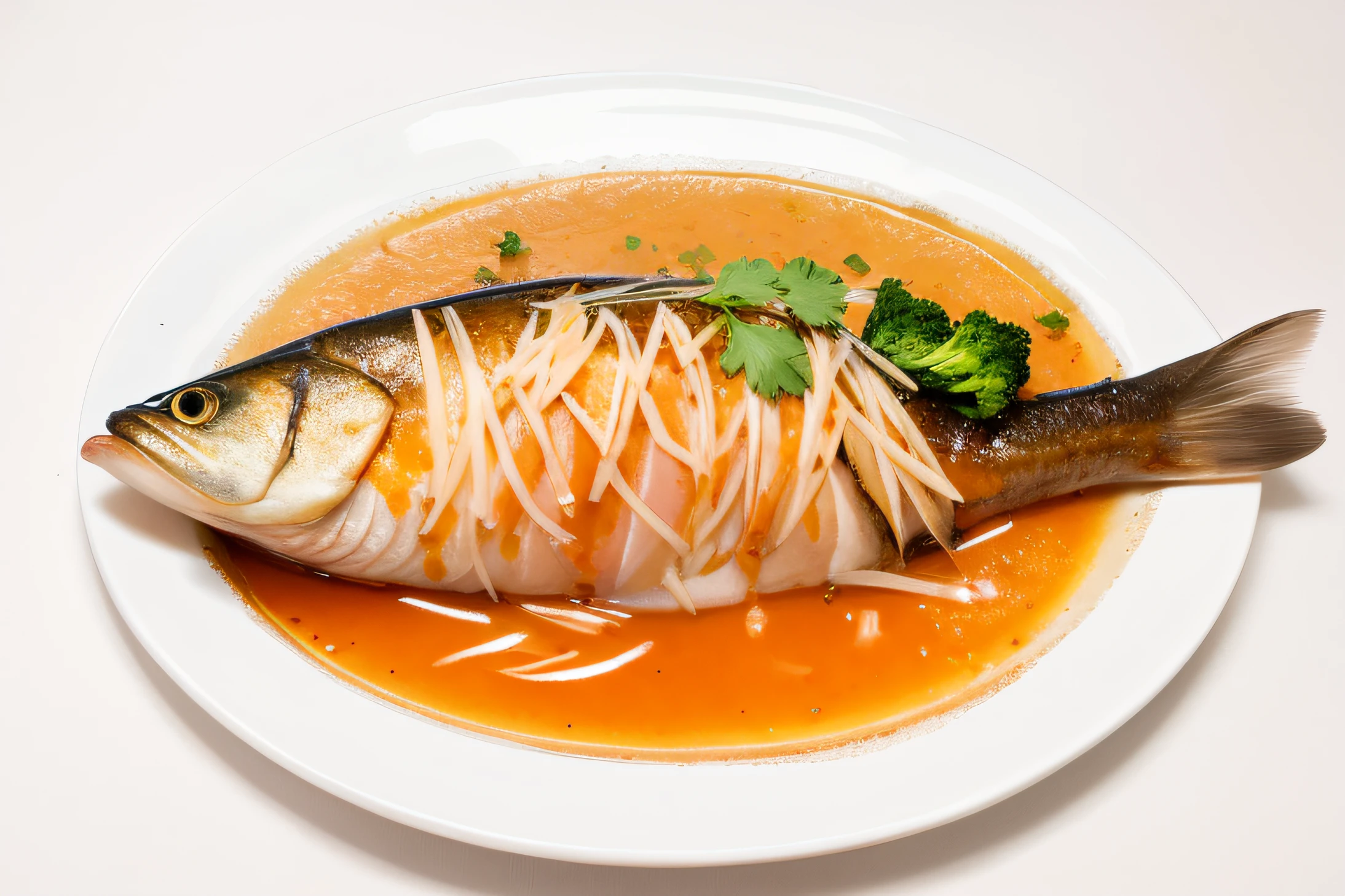 There was a fish sitting on a plate with sauce, high detail product photo, served on a plate, Tasteful, , delicacy, professional master piece, Illustrations, Delicious, Juicy, Delicious, Steamed fish,illustration。Delicious Painting