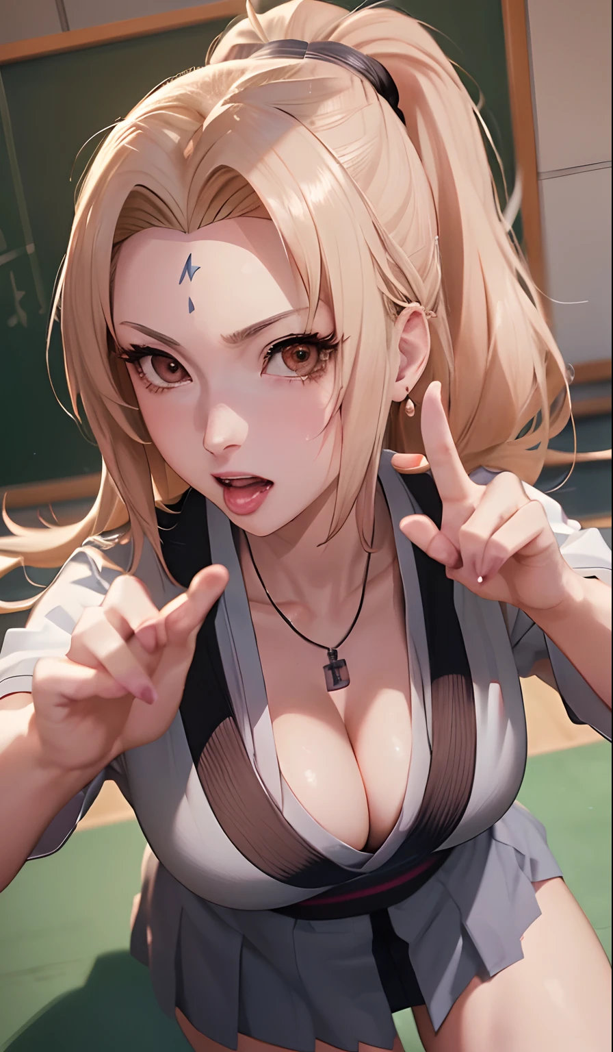 T5un4D3, marks,Tsunade, ((school uniform, the school uniform is pink))、8K, 1girl in, 独奏,cleavage of the breast,(masterpiece:1.4),(Top image quality:1.4),(glowy skin),Tsunade_senju、mouth open, tongie out, showing tongue to the viewer、Big thighs、Big ass,