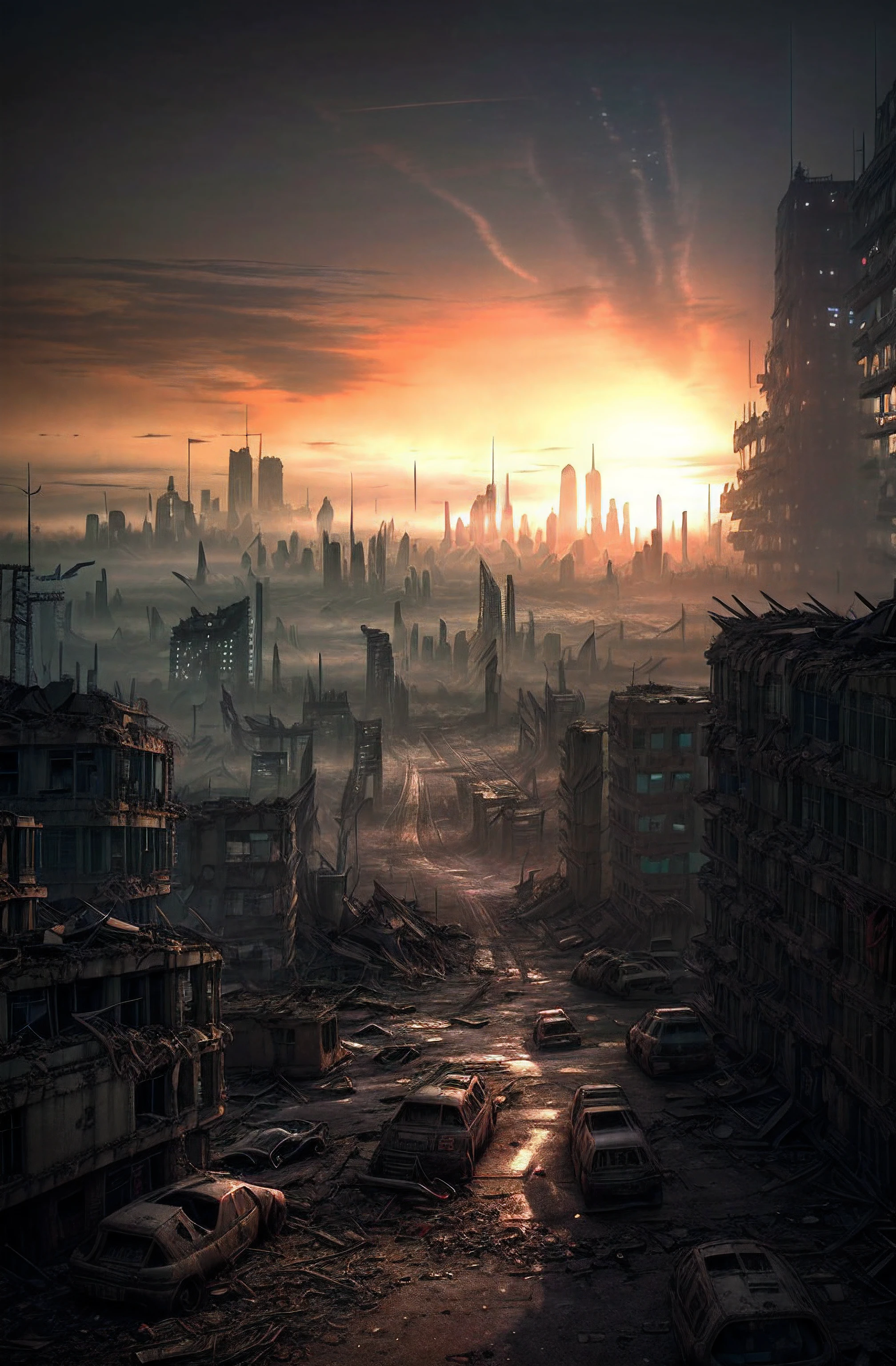 a view of a city with a lot of buildings and a sunset, destroyed city in the background, apocalyptic city, post - apocalyptic city, landscape of apocalypse city, post apocalyptic city, apocalyptik city, dystopian scifi apocalypse, digital concept art of dystopian, cyberpunk apocalyptic city, dystopin future, an abandoned dystopian city, apocalyptic city backround, destroyed city, milky way, stars in the sky