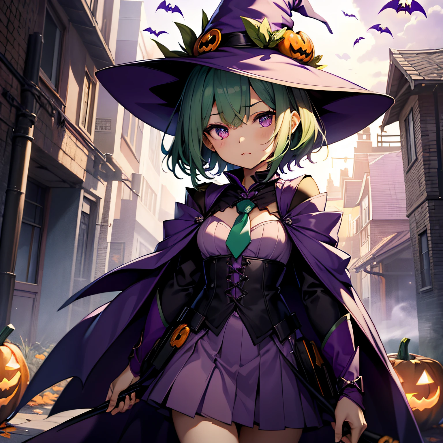 top-quality、extremely delicate and beautiful、(A teenage girl)、Purple Eye、Green hair、short-haired、(purple witch hat)、Purple tie、Tactical Vest、Soio、shortsleeves、Purple skirt、Purple Wizard Robe、Navel、is standing、Facing the front、Holding a pumpkin in one hand、((Halloween Backgrounds))