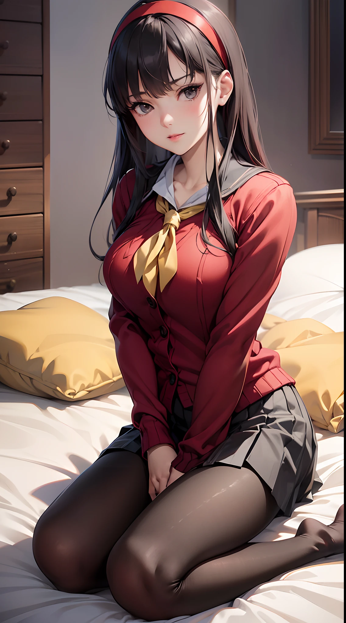 Official art,(very precise details,Ultra High Resolution:1.5),(Highly detailed CG Unity 8K:1.5),(A slender:1.5),Perfect litthing,colourfull,(Bright Front face Illuminating:1.3),(Perfect female body:1.4),Long hair,Long straight hair,(sharpnes:1.4),Smile,(Curve,Model,glamor:1.4),(Realistic, hyper realisitic:1.5),(beautiful hands of a woman:1.4),(Bedroom,on the beds:1.4),Sitting in bed,(Kneel:1.4),25-years old,A dark-haired,(red hairband:1.4),long  skirt,(Check skirt:1.3),(Black pantyhose:1.4),a hyperrealistic schoolgirl, (Colossal tits:1.3),I-Cup Bust,(Yellow neck scarf:1,3),School uniform,(Red cardigan:1.3),School uniform,(blazers:1.4),Black eye,Seductive Anime Girl, a hyperrealistic schoolgirl, Smooth Anime CG Art, Realistic Schoolgirl, beautiful anime high school girl, anime moe art style, beautiful anime girl squatting, charming anime girls, marin kitagawa fanart, Yukiko Amagi, Cute anime girl, Anime Girl