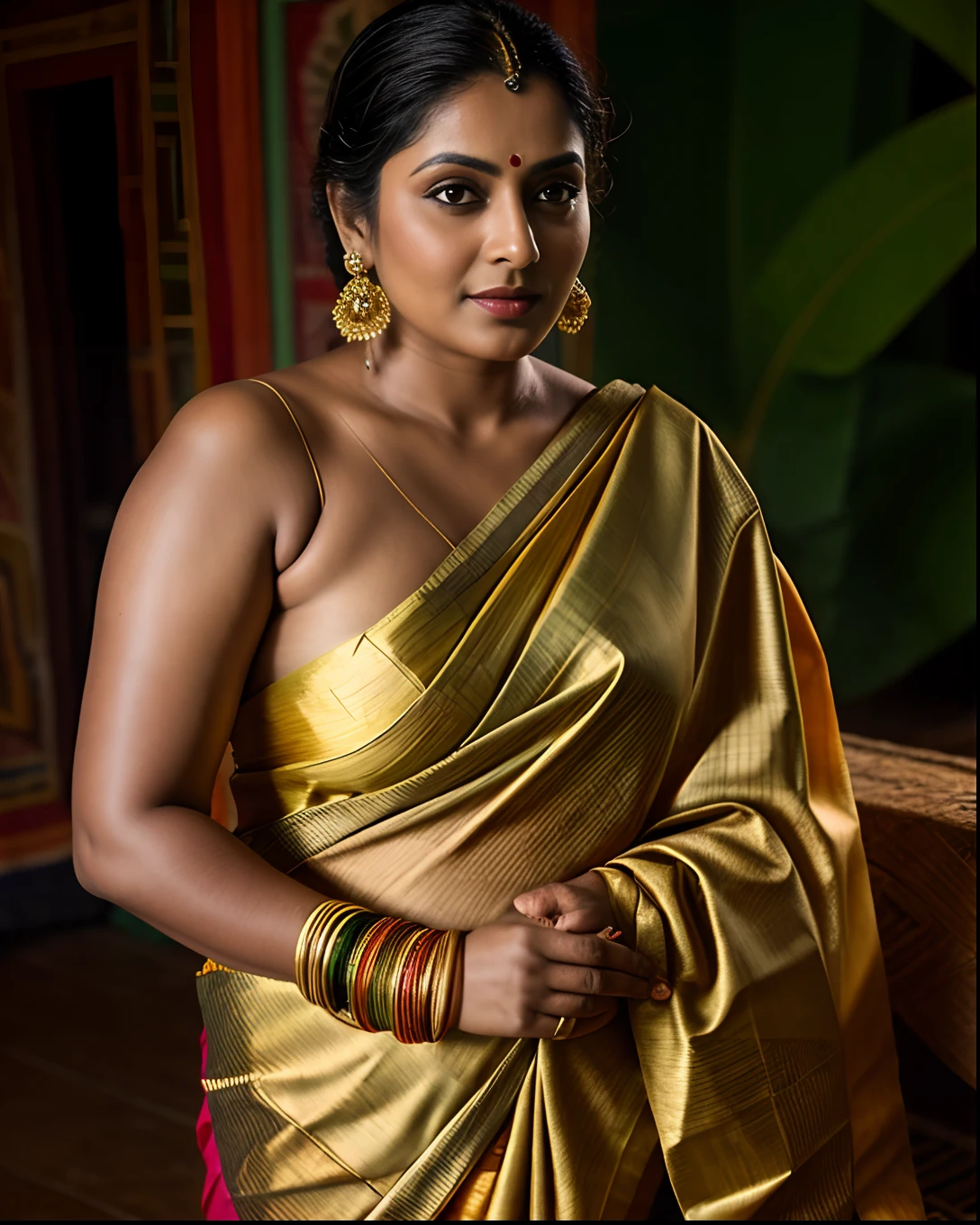 Foto RAW, photorealistic, photography, full body shot, master shot, perfect eyes, goddess like beauty, pierced eyes, perfect thick chubby mallu Desi aunty bhabhi, Wearing a Stanapatta, a chest-band.Saree model, model Photography, Indian saree shoot, Indian traditional wear advertising photography, traditional wear brand shoot, face of Indian actress Sonakshi Sinha, masterpiece, realistic, realism, incredible details,  pleasure, photorealism, detailed skin, skin pores, high contrast, photorealistic Artstation 8k HD digital art trend of high definition and detailed realistic skin texture, ultra detail, realistic skin texture, armature, best quality, ultra high definition, (photorealistic:1.4),, high resolution, detail, raw photo, sweat, Re sharp, by Lee Jefferies Nikon D850 Film Stock Photo 4 Kodak Portra 400 Camera F1.6 Lens Rich Color Ultra Real Realistic Realistic Textures Dramatic Lighting Unreal Engine Trending at Art Station Cinestill 800,(pele altamente detalhada: 1.2), 8k UHD, DSLR, soft-lighting, alta qualidade, grain of film, Fujifilm XT3,she didn't like to wear blouse or bra, she is happy to wear only saree, she hates blouse or bra, detailed hairy armpits, hyper realistic skin, skin pores, sweat, veins, traditional Indian dress, 