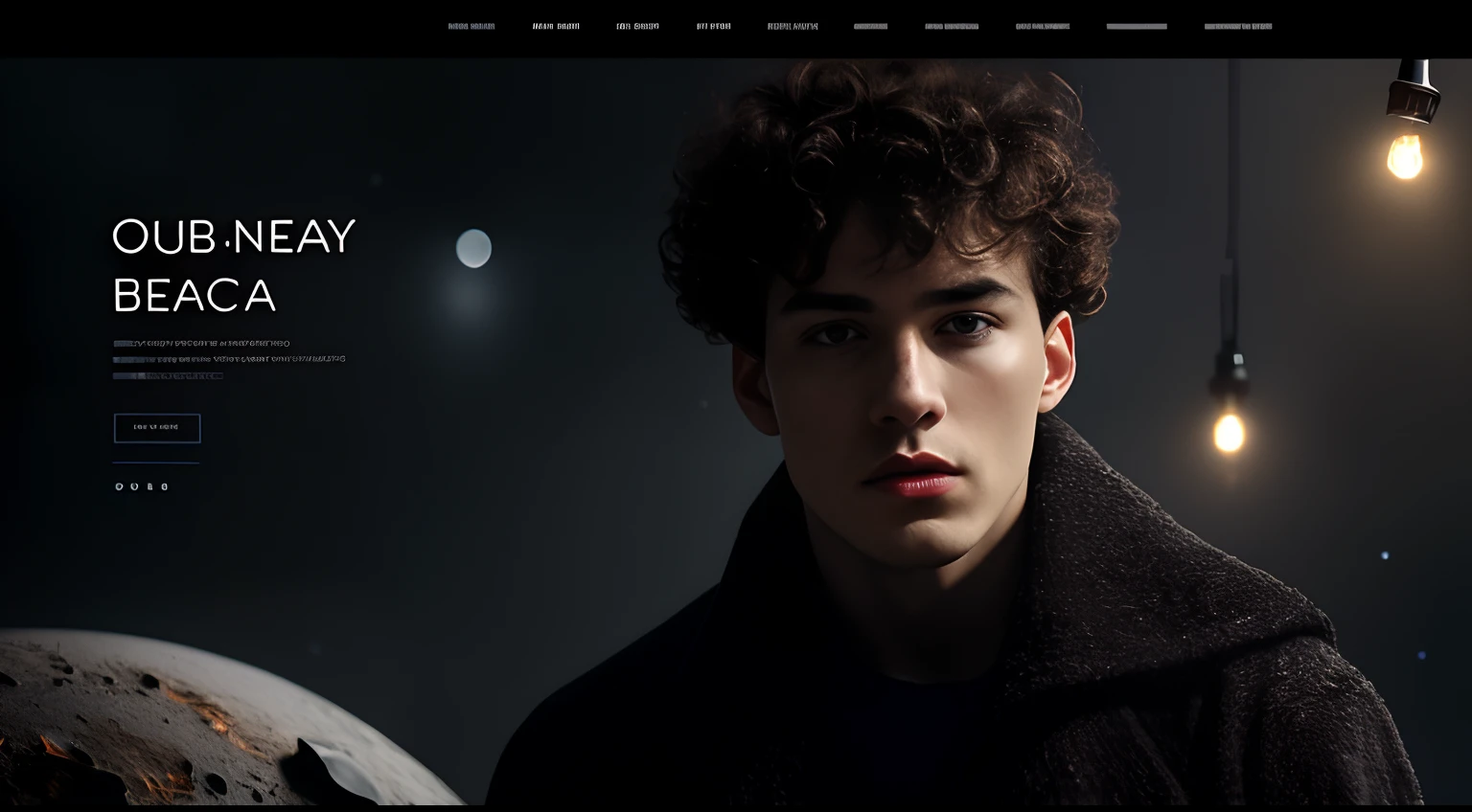 web design, landing page, UX/UI, website of a personal brand, infobusiness, coach, photo of a short-haired curly young man, dark theme, slate gray atmosphere, nebula background, space, galaxy, labradorite marble, orange buttons, warm light at the face