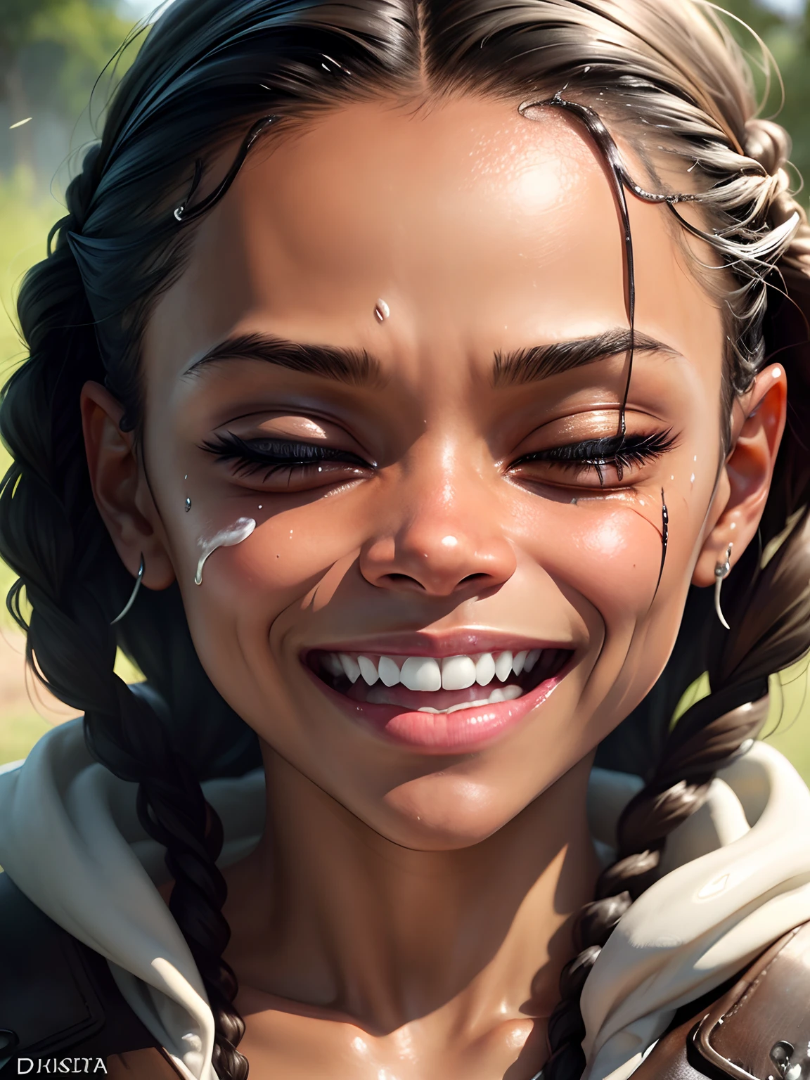 Dramatic lighting, deep shadows, extreme close up view, head only, Zoe Saldana, braided hair, wet skin, dewy skin, dribbles of white slime on face, dribbles of white slime in hair, eyes tightly closed, smiling, laughing mouth wide open, gasping, shouting, crying out, orgasm face