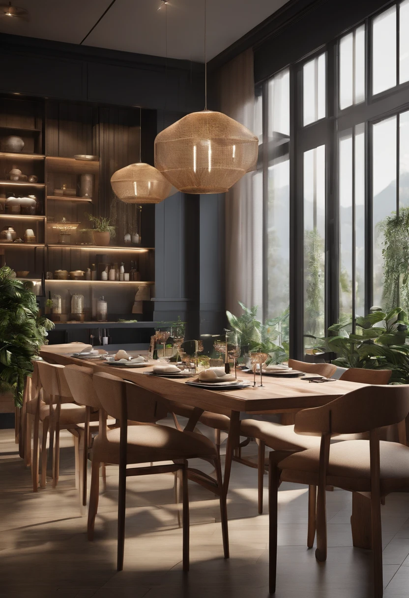 Communal kitchen and dining room,The restaurant is equipped with clean and tidy dining tables and chairs、Refrigerator、Kitchen facilities such as microwave,high detal,Vray rendering,Corona rendering,A high resolution,