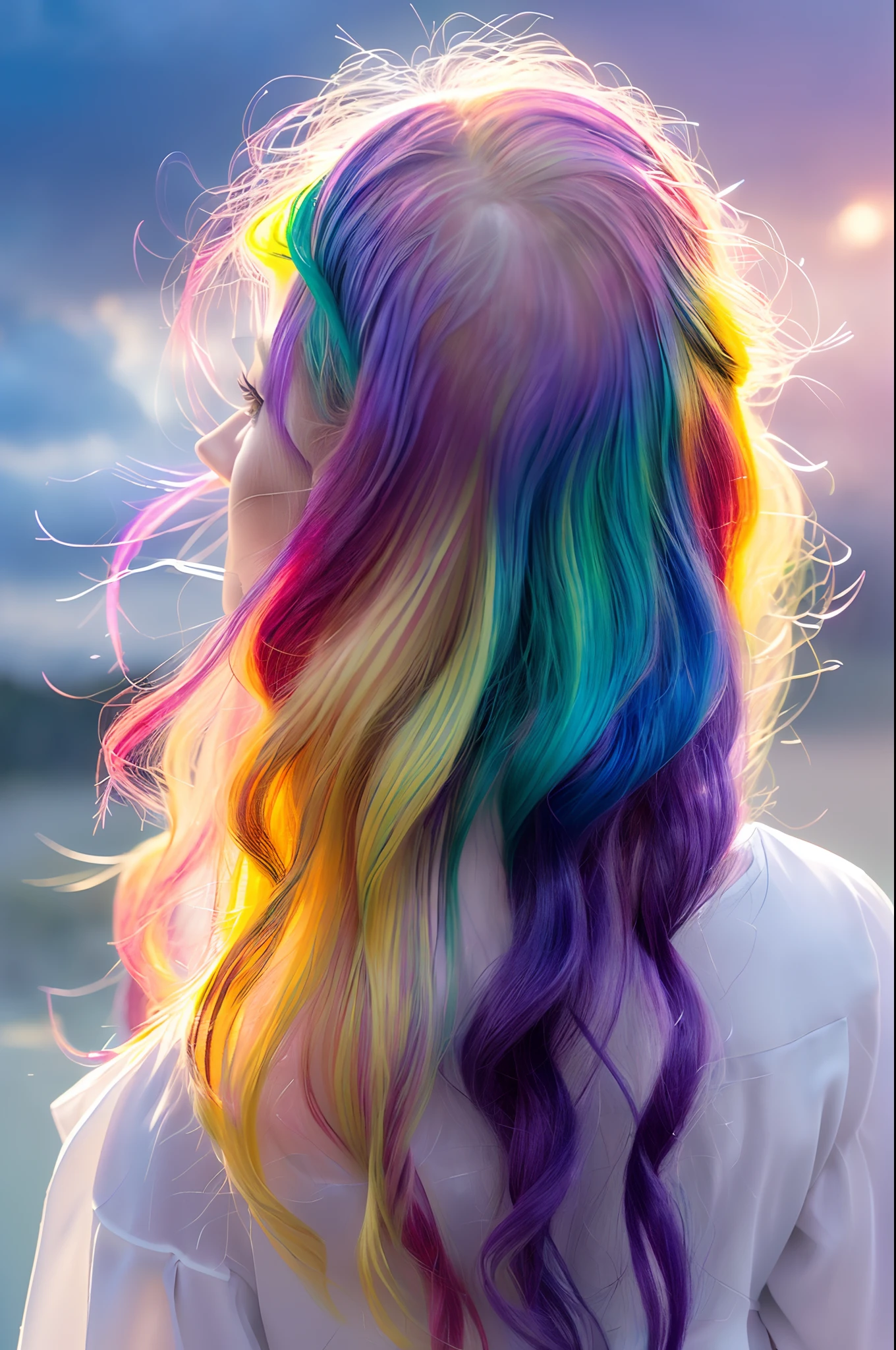 1.5),(1 girl),(Dynamic Pose),(multicolored hair+Silver hair:1.3+Red hair:1.2+Purple hair+Yellow hair:1.3+Green hair:1.3),(Blue eyes),(Neck ribbon),(floating),(cloud),(Too many drops of water),(Twilight),(watercolor paiting),(Wide Shot),fullnude