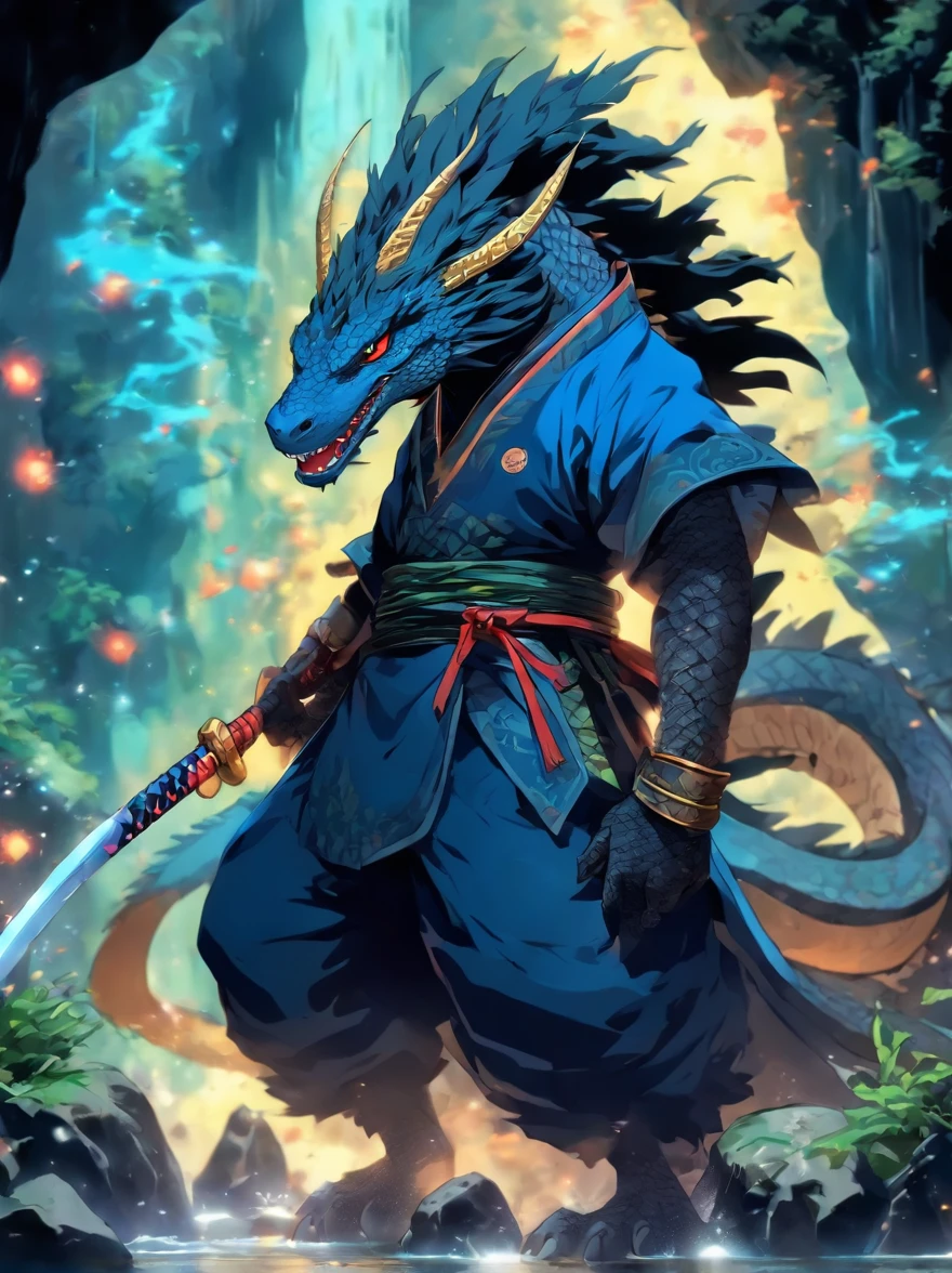 Black lizard monsters,Anthropomorphic lizards,traditional japanese concept art,Chinese mythology,Wearing Chinese armor,He wears a blue robe over his armor,lizard tail,holding samurai sword,Wait in the cave to forage for food
