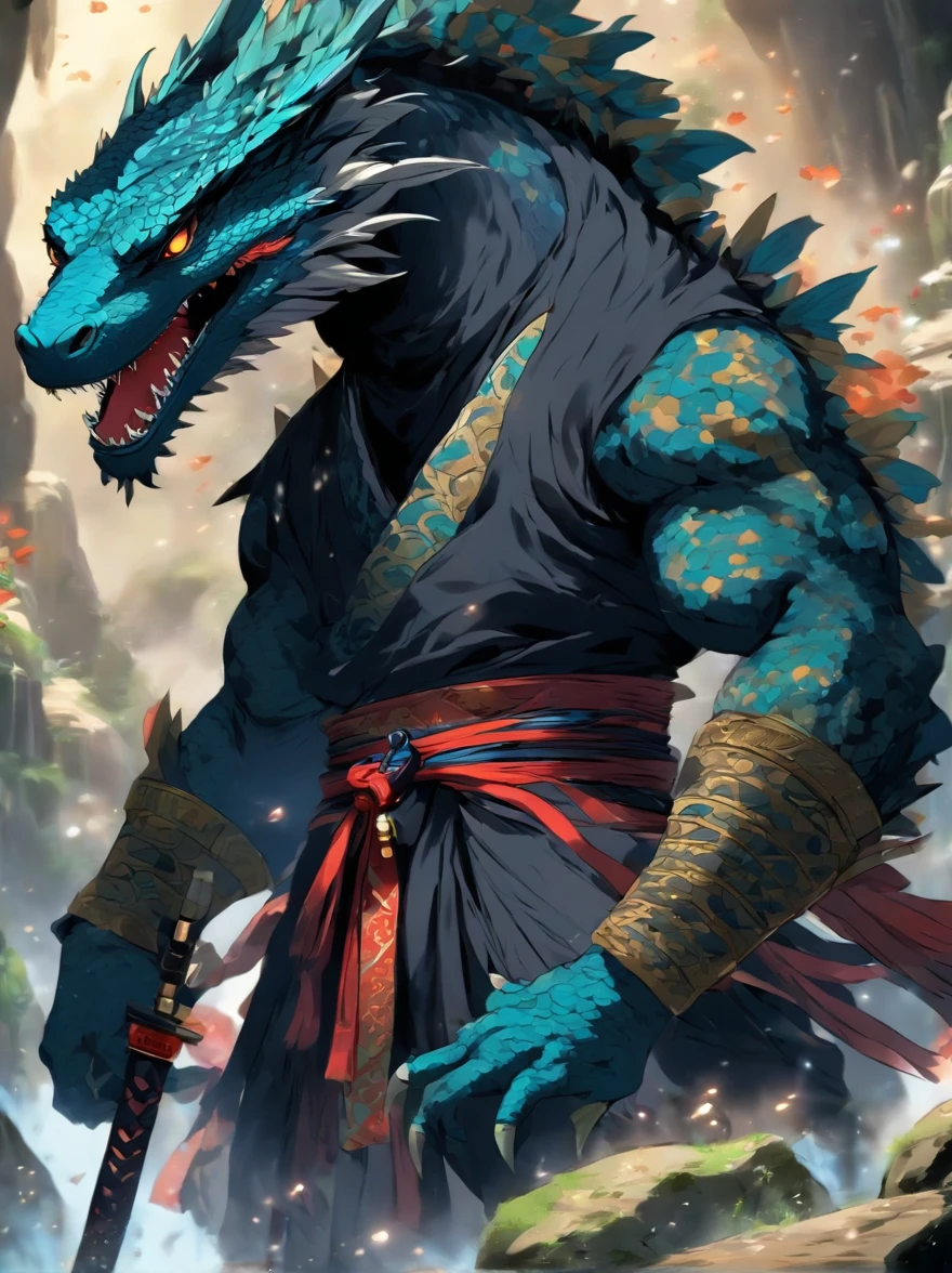Black lizard monsters,Anthropomorphic lizards,traditional japanese concept art,Chinese mythology,Wearing Chinese armor,He wears a blue robe over his armor,lizard tail,holding samurai sword,Wait in the cave to forage for food