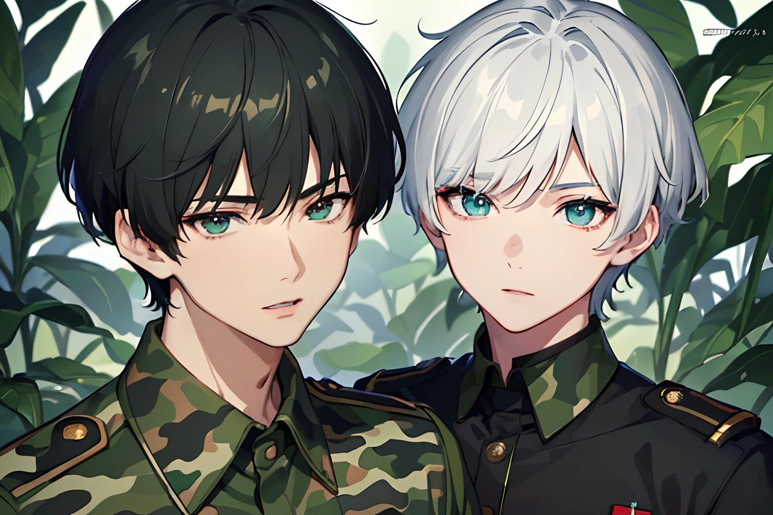 masterpiece, best quality, 2boys: (1boy, red eyes, black hair, short hair, military uniform, green camouflage), (1boy, blue eyes, white hair, short hair, military uniform, green camouflage), battlefield, detailed eyes, detailed facial features, realistic and high resolution (best quality, 4k, 8k, highres, masterpiece:1.2)