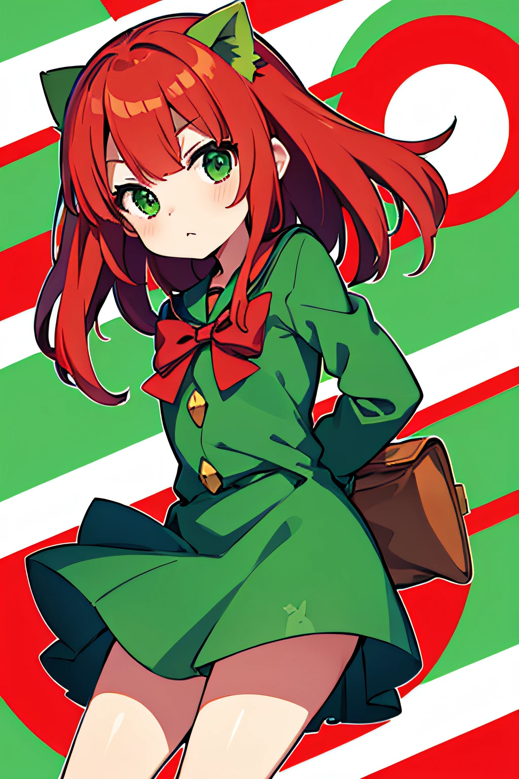 Bulbasaur cosplay、Junior high school girl、hight resolution、top-quality、Delicate hair、Red and green hair、Red and green clothes、Arms fold behind your back