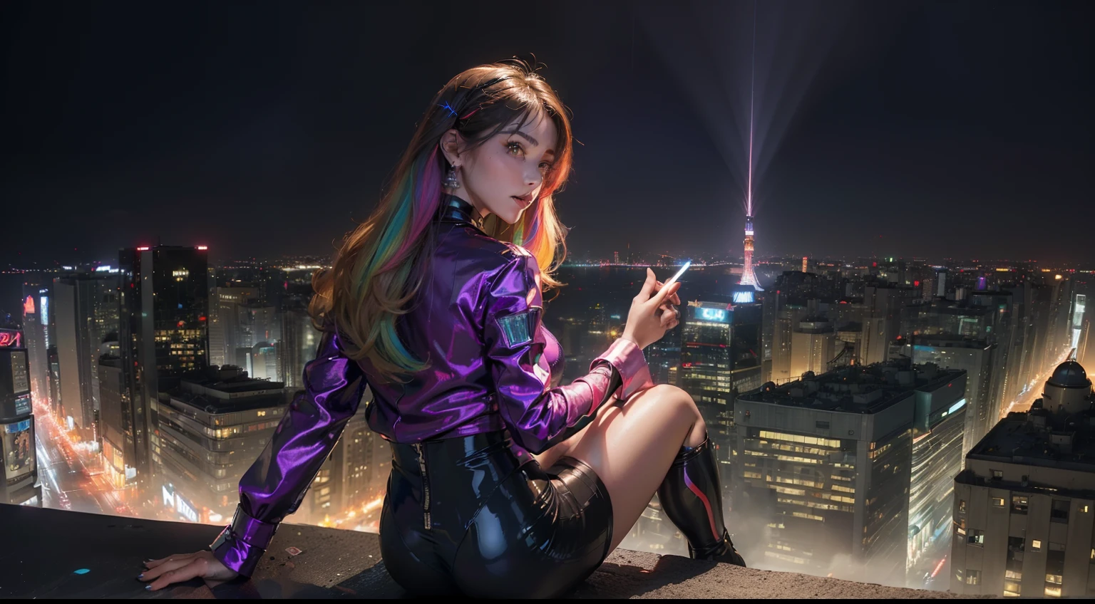 (realisitic,Photorealsitic:1.4),(1 Beauty:1.3),(beautiful countenance:1.5),Detailed shiny skin,A detailed eye,Precise hands and fingers,8K HDR, , masterpiece, (Dynamic angle footage),电影灯光, Finely drawn backgrounds,accurate fingers,(Tokyo at night,colorful neon,Multi-colored lighting,Sci-fi cityscape,Skyscrapers:1.3),Beautiful Iranians,Dressed Casey,Silky hair,Earmuffs,Near the port,Holding your knees,Composition seen from the back of the head,