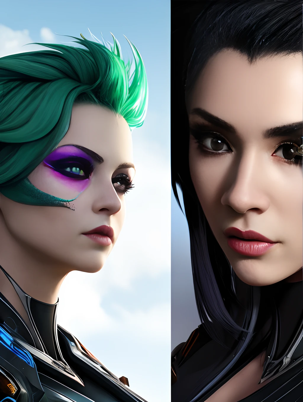 there is a woman with green hair standing in a field, of a beautiful female warframe, satisfactory screenshot, attractive sci - fi face, female character, unreal engine : : rave makeup, sci fi female character, beautiful screenshot, ingame image, character close up, with cryengine, cyberpunk in foliage, with very highly detailed face, jet black haired cyberpunk girl
