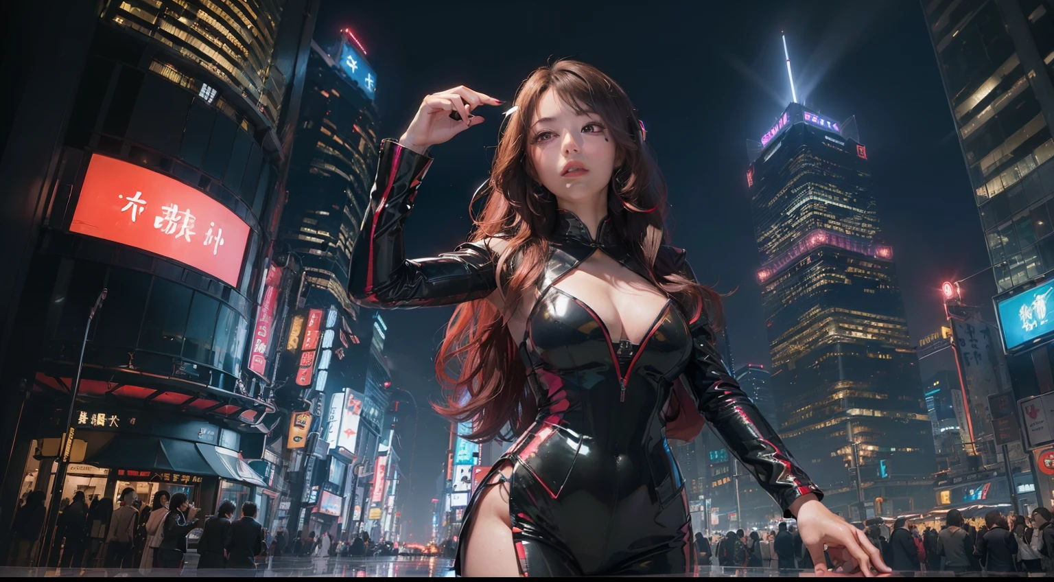 (realisitic,Photorealsitic:1.4),(1 Beauty:1.3),(beautiful countenance:1.5),Detailed shiny skin,A detailed eye,Precise hands and fingers,8K HDR, , masterpiece, (Dynamic angle footage),电影灯光, Finely drawn backgrounds,accurate fingers,(Tokyo at night,colorful neon,Multi-colored lighting,Sci-fi cityscape,Skyscrapers:1.3),Chinese model,formal outfit,red brown hair,One knot of hair,Near the port,Dancing,