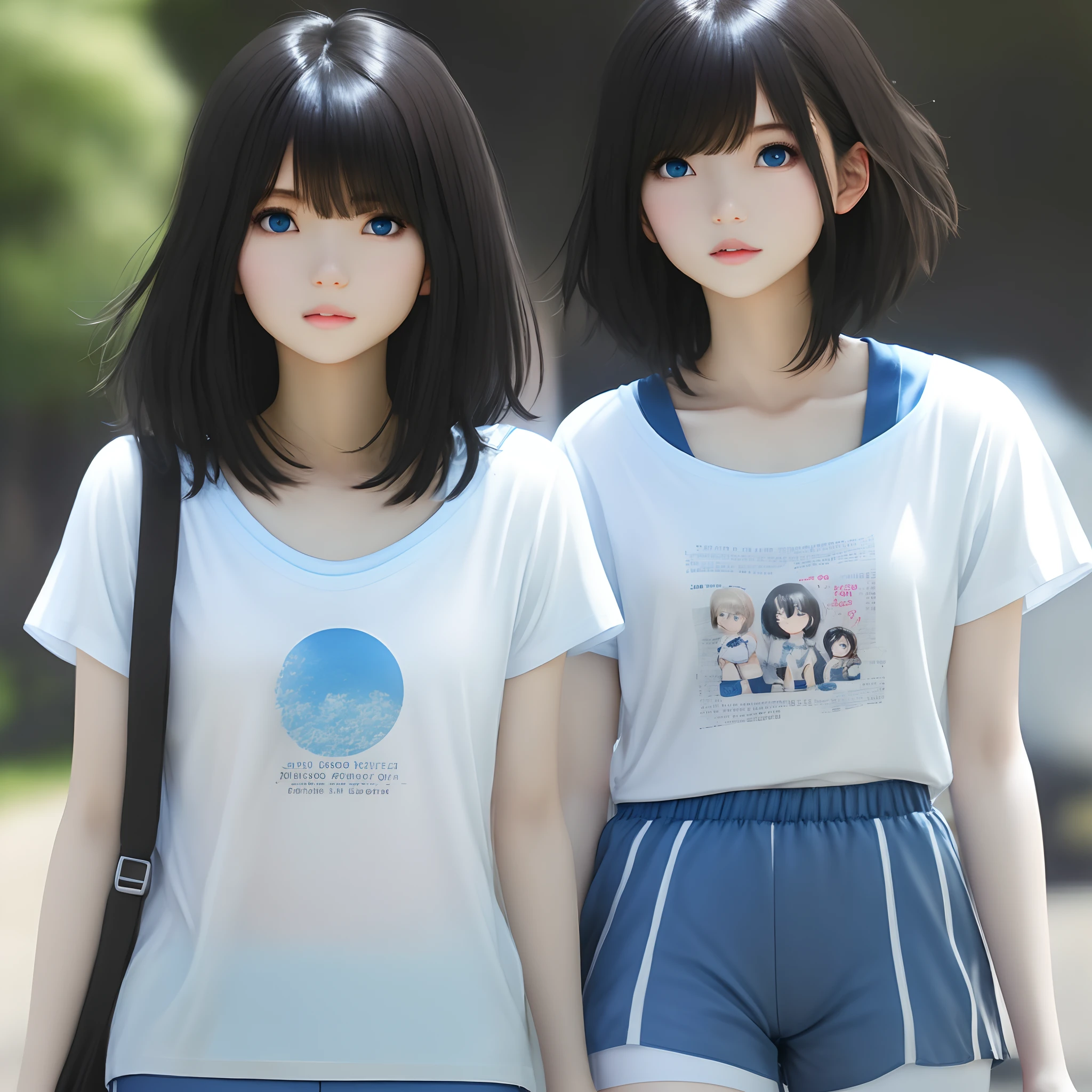 A girl with short black hair and blue eyes ,with white t shirt and blue shorts