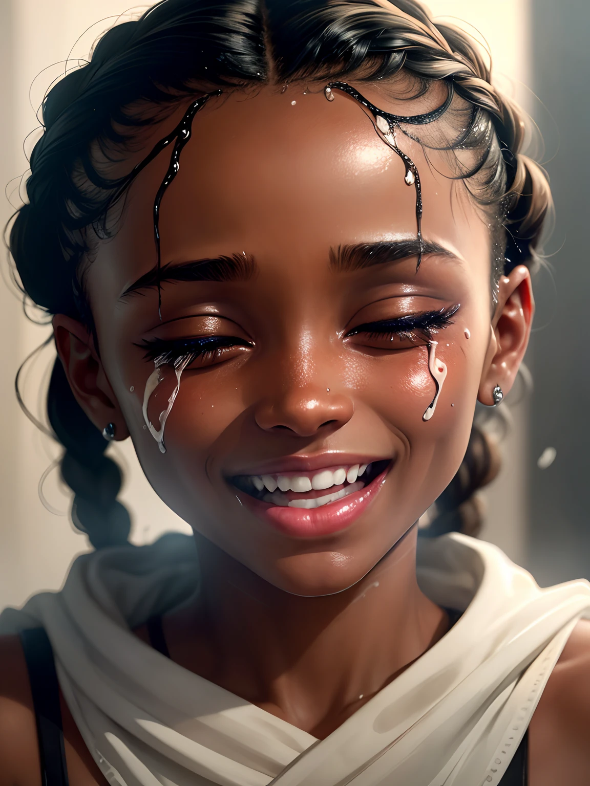 Dramatic lighting, deep shadows, extreme close up view, head only, Kiki Layne, braided hair, wet skin, dewy skin, dribbles of white slime on face, dribbles of white slime in hair, eyes tightly closed, smiling, laughing mouth wide open, gasping, shouting, crying out, orgasm face