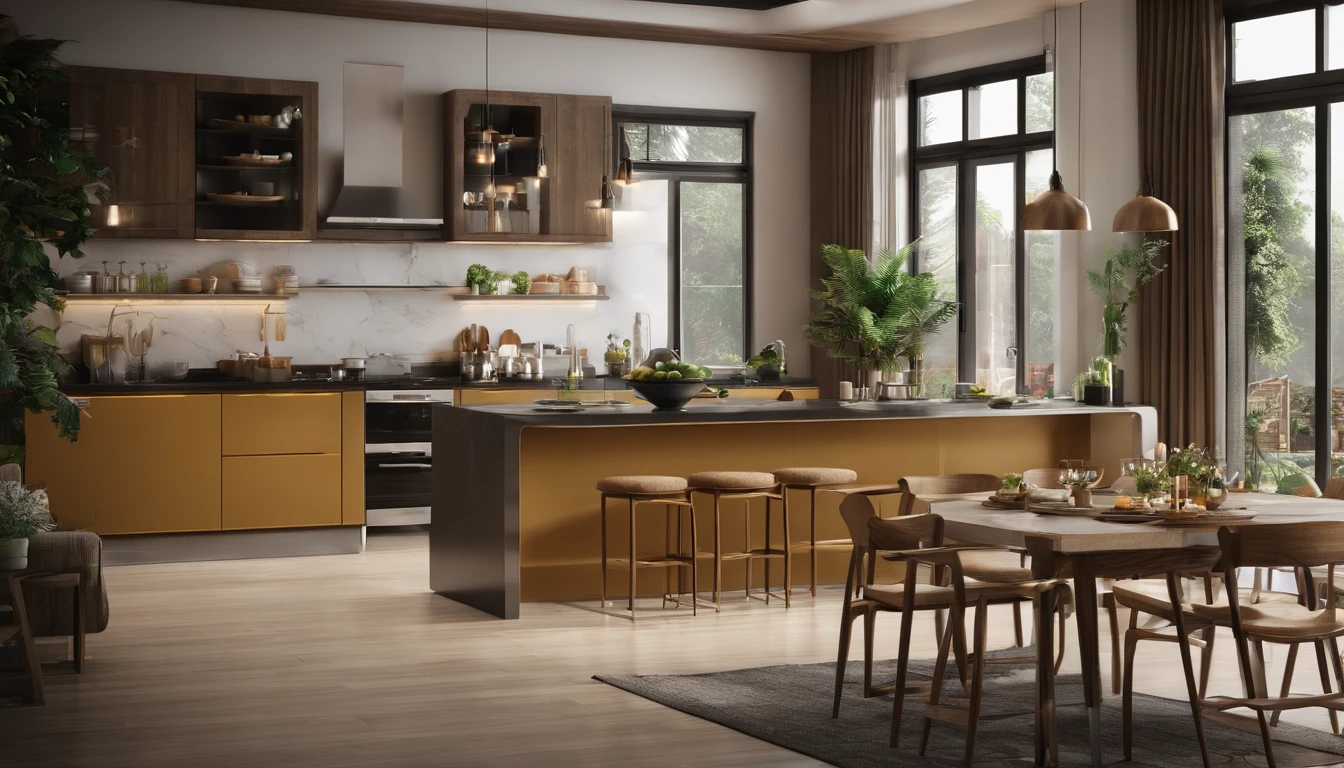 Communal kitchen and dining room,The restaurant is equipped with clean and tidy dining tables and chairs、Refrigerator、Kitchen facilities such as microwave,high detal,Vray rendering,Corona rendering,A high resolution,