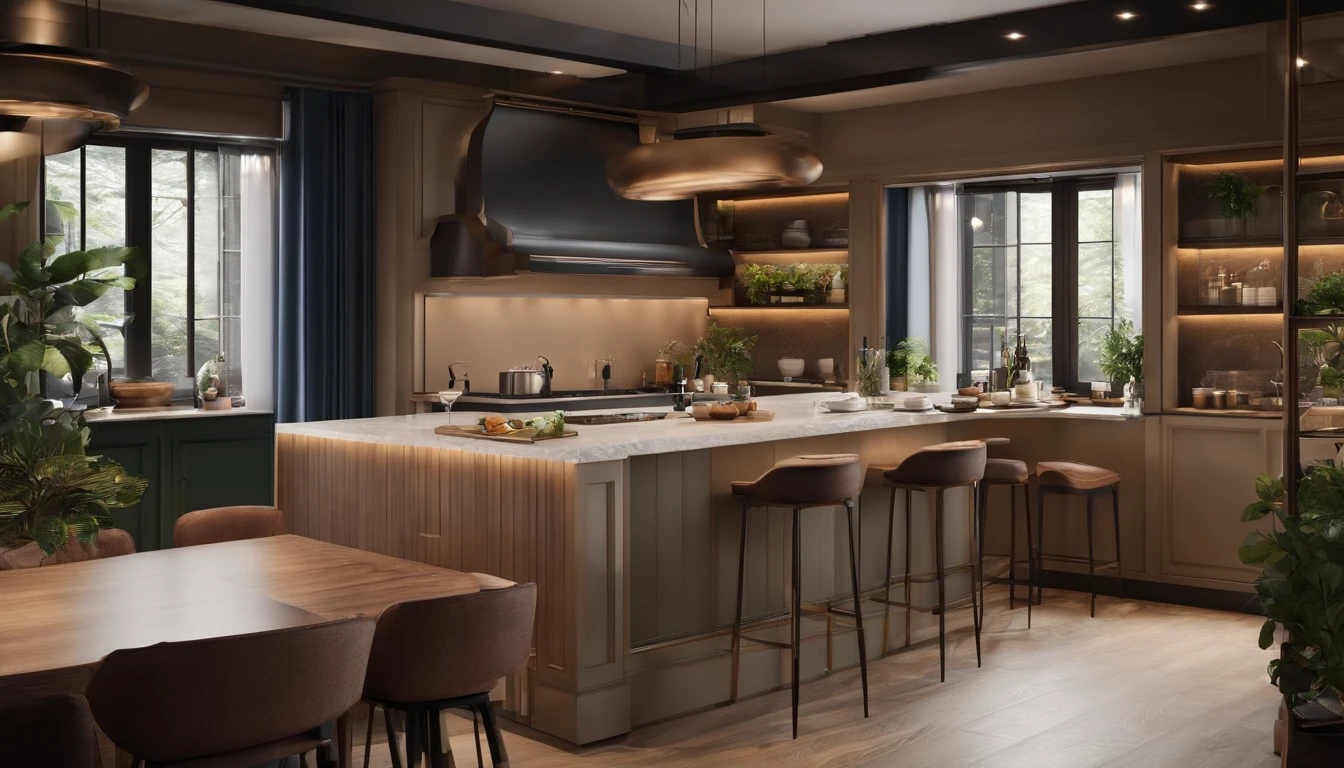 Communal kitchen and dining room,The restaurant is equipped with clean and tidy dining tables and chairs、Refrigerator、Kitchen facilities such as microwave,high detal,Vray rendering,Corona rendering,A high resolution,