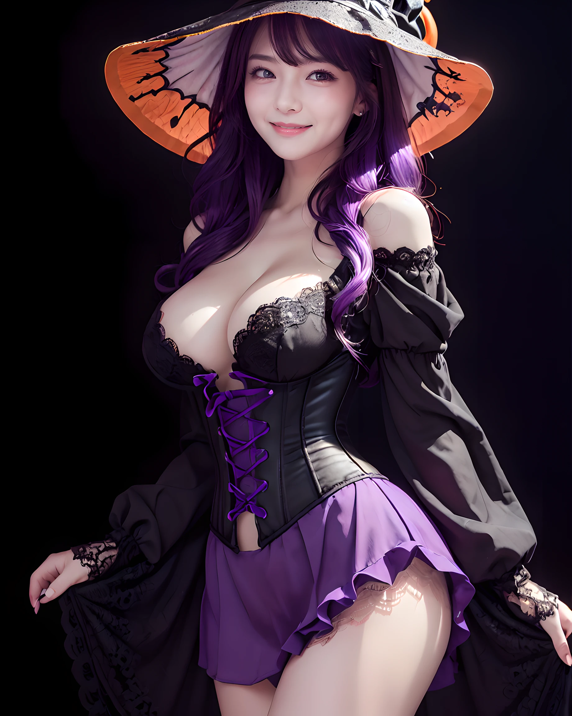 (simple black background:1.5), (Halloween theme:1.3), upper body portrait of a very busty beautiful woman wearing overbust lace corset, ultra detailed embroidery full lacy corset, frilled lacy short skirt:1.3, detailed clothes, (full lacy purple witch hat:1.3), BREAK, (;D1.3, happy evil smile:1.2)), perfect face,perfect eyes,HD details,high details,sharp focus,studio photo,HD makeup,shimmery makeup,celebrity makeup, (bust up image:1.5), ((centered image)) (HD render)Studio portrait,magic, magical, fantasy,(huge breasts)(large breasts),(big breasts),(sagging breasts), wavy curly hair:1.3, (purple hair:1.3), (front view:1.3), from below, low angle,