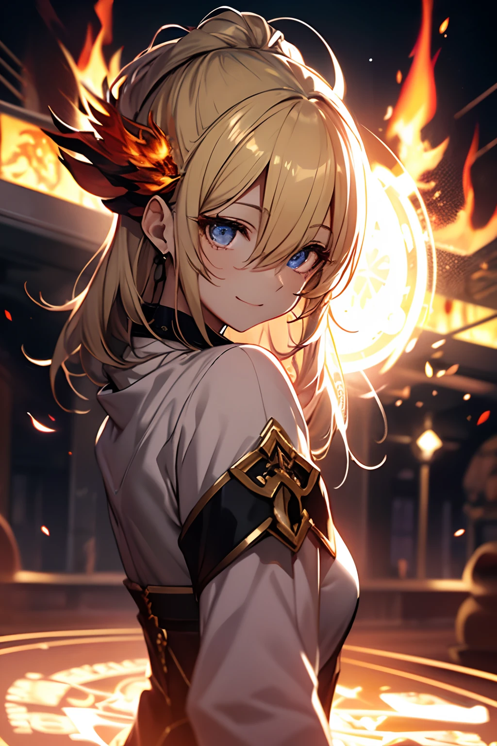 Stars in the eyes(kirakira)、Laugh、A magic circle appears in his eyes、There is a fire effect coming out of the eyes、Cute heels、foco nítido, Photorealsitic, Ultra Detail, radiant light、bio luminescent、Add a fiery glow around the right eye、Shooting from the side