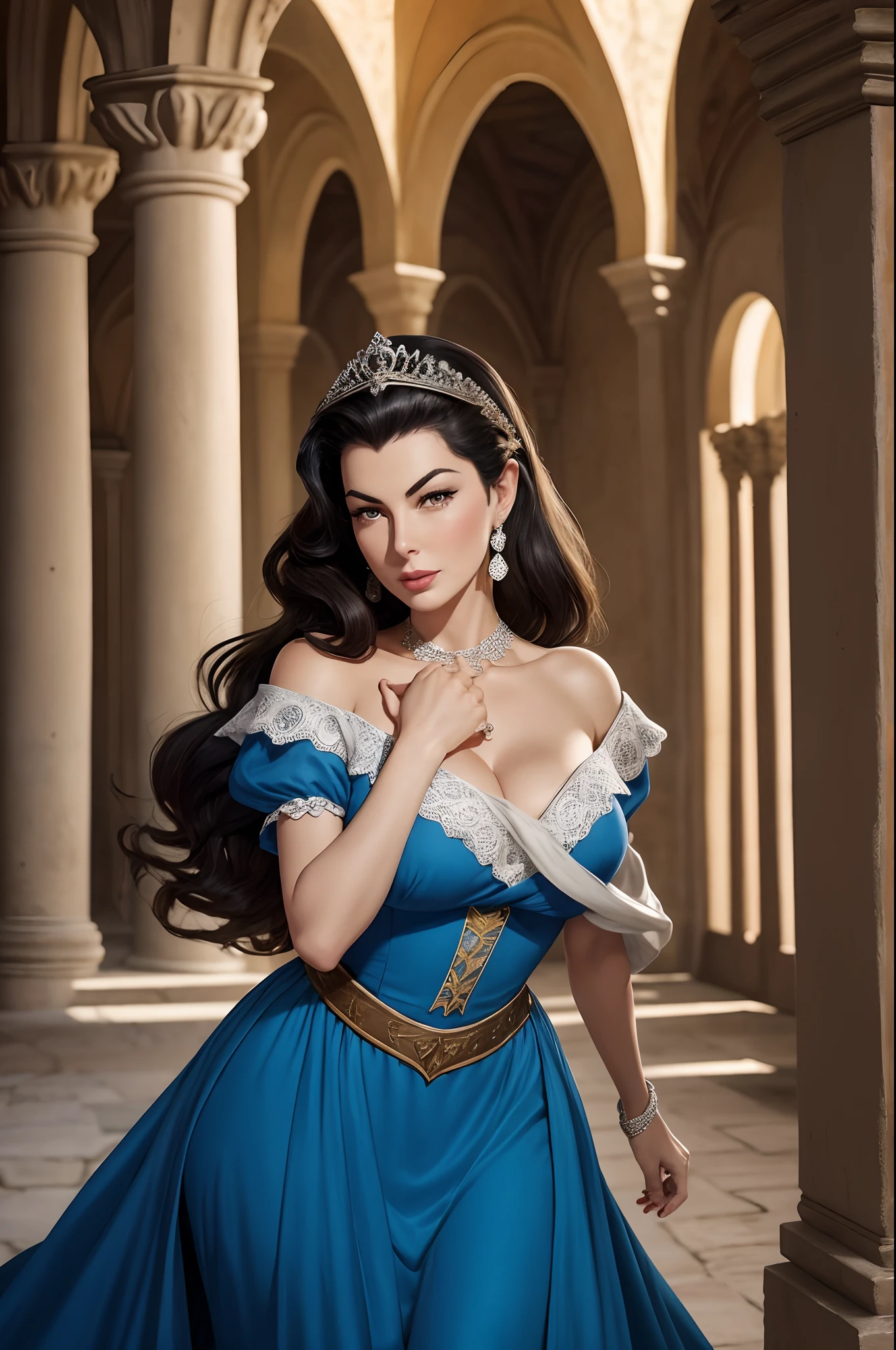 Ava Gardner, 29 anos, como a Personagem da Disney Branca de Neve, pele alva, facial expression of tenderness, cabelos pretos, Cabelos Longos, look-at-camera, classic dressed, vestido longo,, vestido azul e vermelho, saia amarela, corselet azul, Manga flame, mangas longas, medieval palace, raios de sol, Obra-prima da pintura.