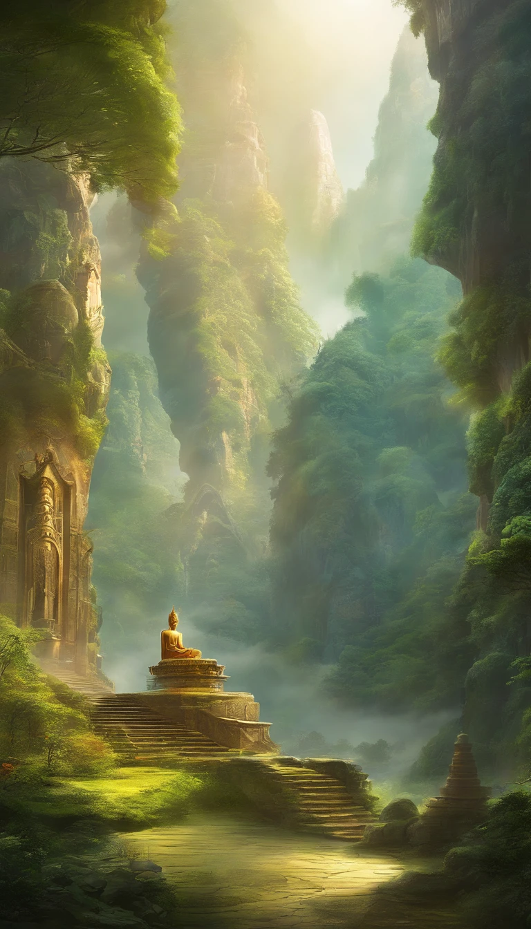 der riese, Realistic depiction of Leshan Buddha, Blend seamlessly with nature, surrealism, Ultra-detailed, Photorealistic:1.37, 3D rendering of a, Cinematic lighting, Divine Light, Ultra-high definition, masutepiece:1.2, Textured skin, Best Quality, High resolution