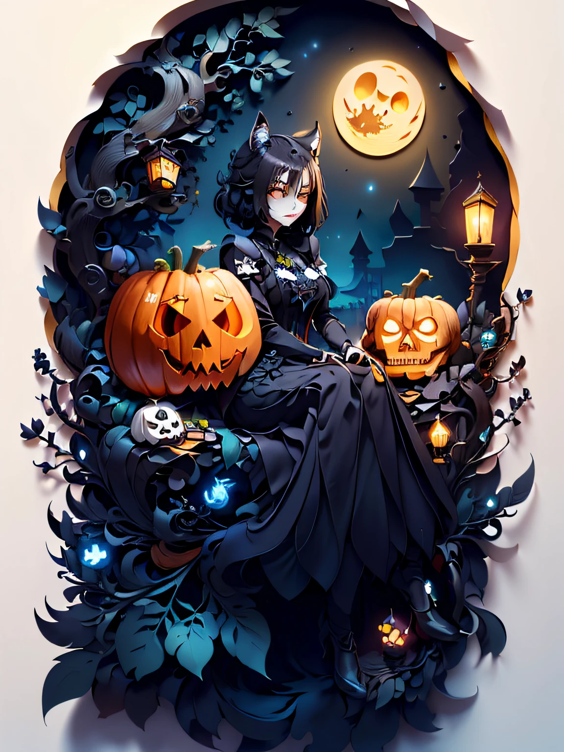 (((masterpiece))), highest quality, illustration, pumpkin, ghost, decorated black-haired witch, skull mask, illuminated by moonlight, black magic, paper cutting,