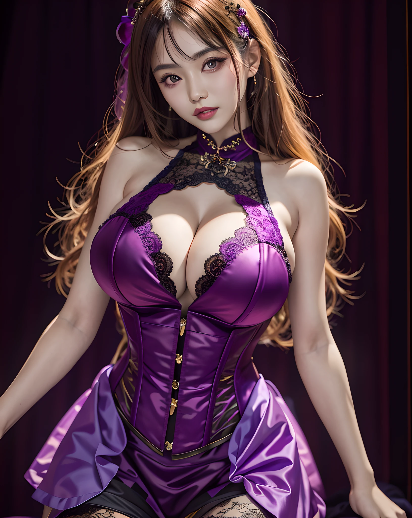 Woman in purple corset and black lingerie sitting on bed, gorgeous chinese model, in a halloween style, Halloween, halloween night, beautiful sorceress, Lovely dark autumn princess, halloween art style, pretty sorceress, trick or treat, halloween celebration, beautiful sorceress, alluring and terrifying, goddess of Japan, by Yang J