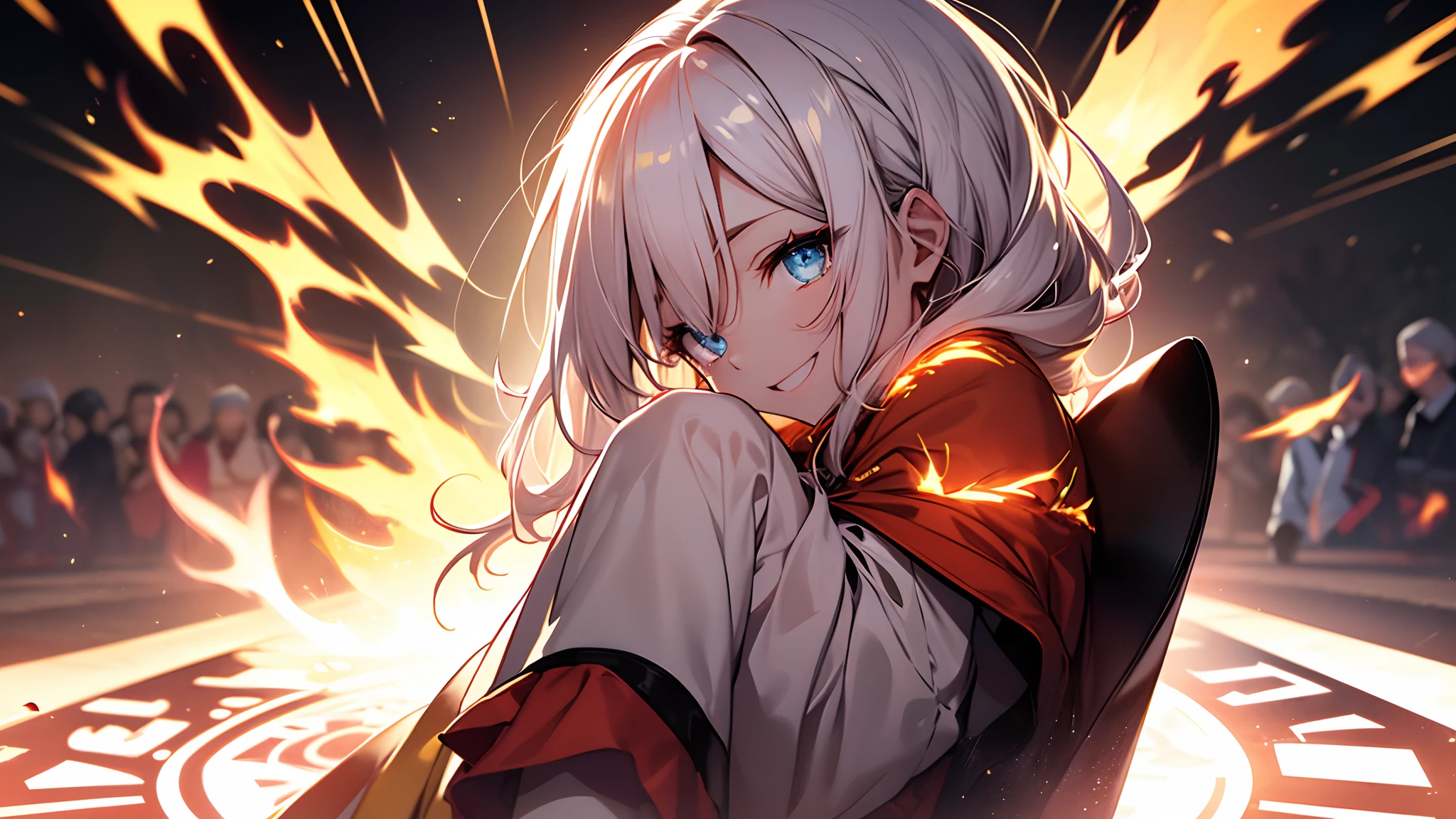 Stars in the eyes(kirakira)、Laugh、A magic circle appears in his eyes、There is a fire effect coming out of the eyes、Cute heels、foco nítido, Photorealsitic, Ultra Detail, radiant light、bio luminescent、Add a fiery glow around the right eye、Shooting from the side